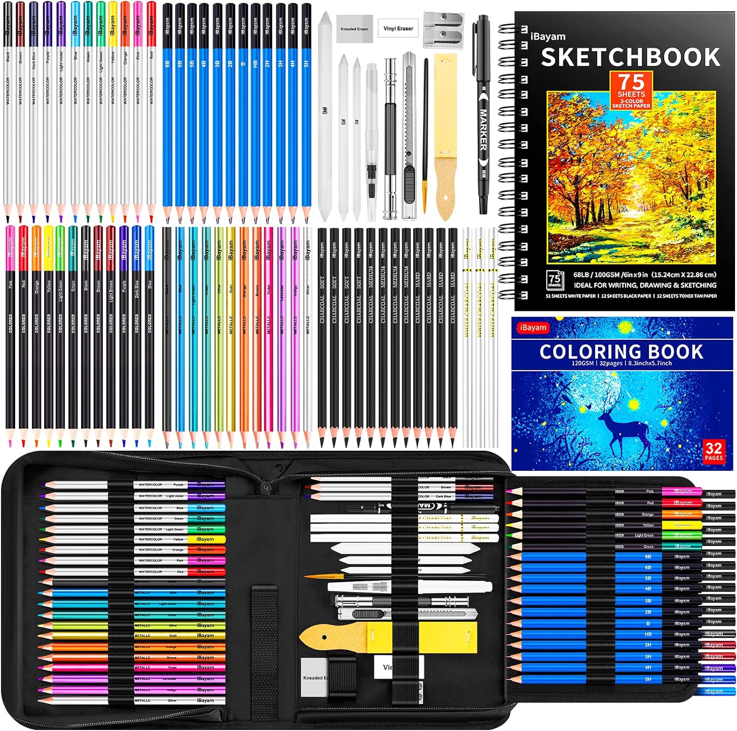 iBayam 78-Pack Drawing Set Sketching Kit, Pro Art Supplies with 75 Sheets 3-Color Sketch Pad, Coloring Book, Charcoal, Metallic, Colored Watercolor, Graphite Pencils for Artists Adults Kids Beginners