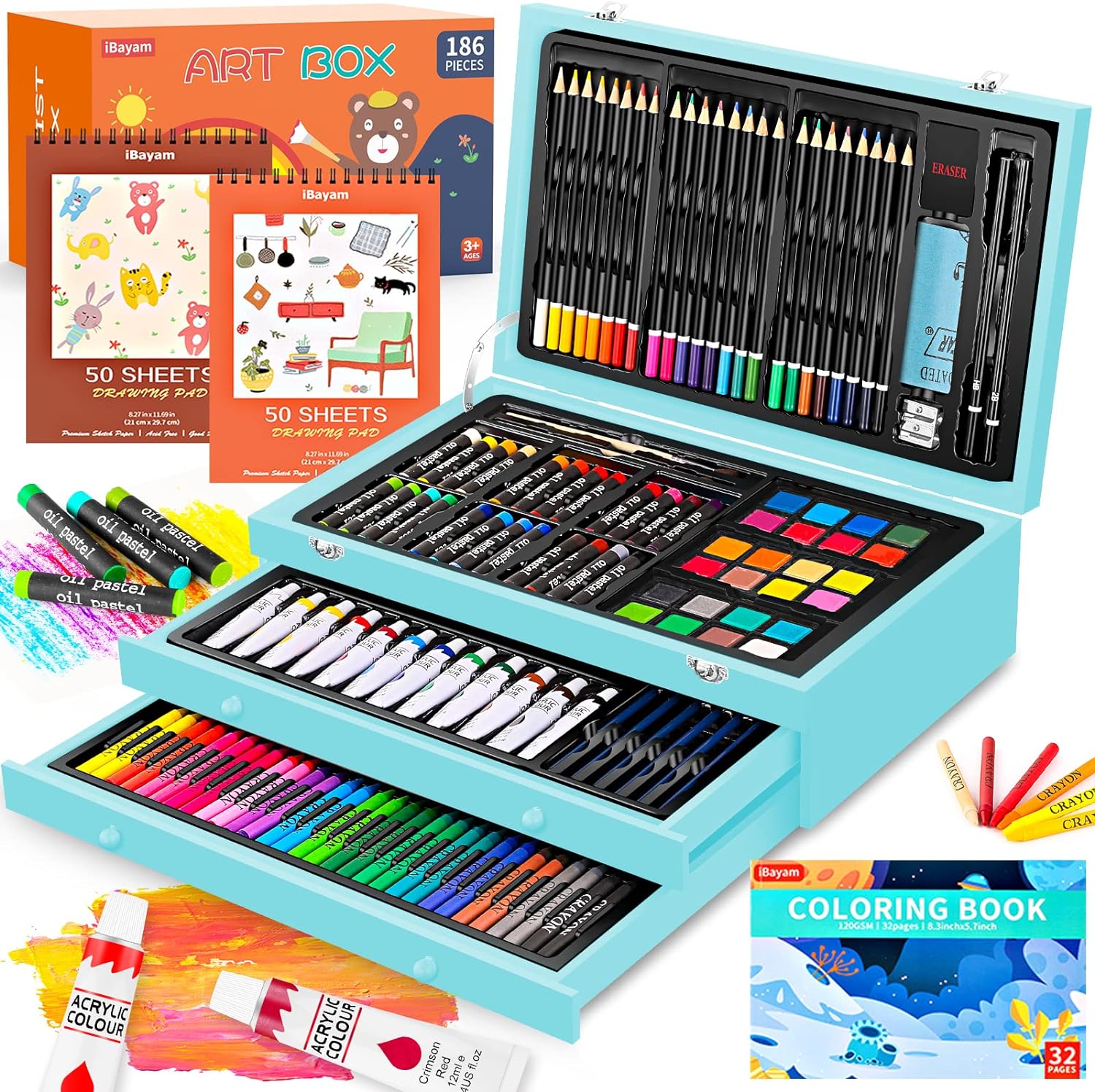 Art Supplies, 186-Pack Deluxe Art Set with 2 A4 Drawing Pads, 1 Coloring Book, 24 Acrylic Paints, Crayons, Colored Pencils, Creative Gift Box for Adults Artist Beginners Kids Girls Boys (Blue)