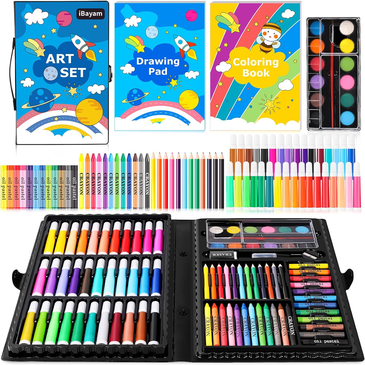 iBayam Art Supplies, 149-Pack Drawing Kit Painting Art Set Art Kits Gifts Box, Arts and Crafts for Kids Girls Boys, with Coloring Book, Crayons, Pastels, Pencils, Watercolor Pens & Cakes