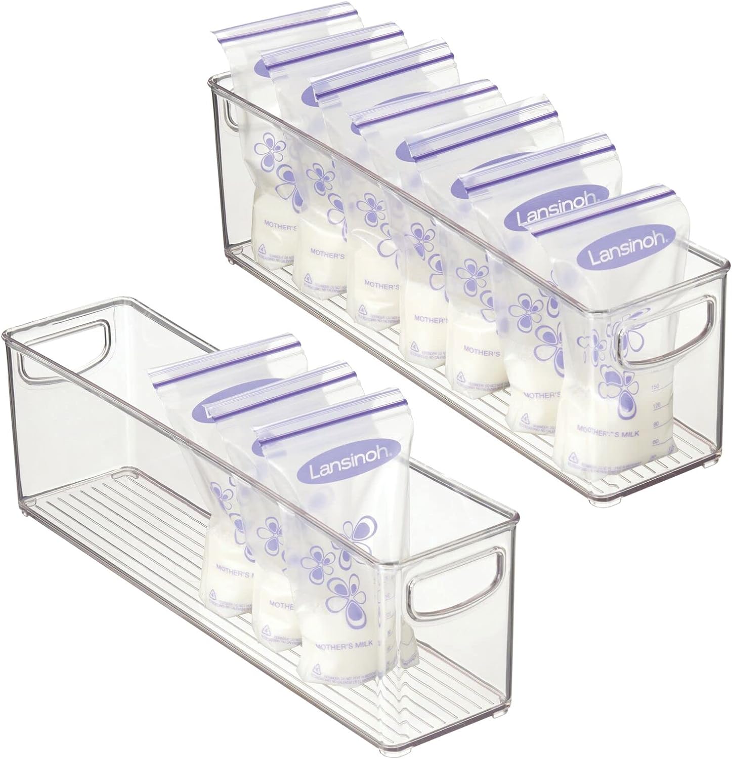 mDesign Plastic Long Stackable Storage Organizer Container, Organization Bin w/Handles for Kitchen, Pantry, Fridge, Freezer, Cabinet, Perfect to Hold Breast Milk - Ligne Collection - 2 Pack, Clear