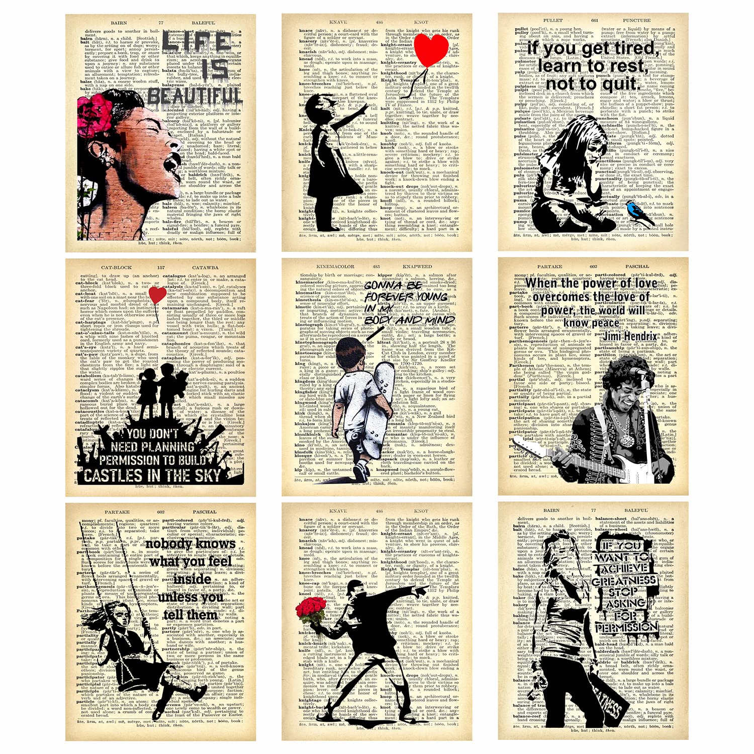 Banksy Wall Art Set - Motivational Graffiti Street Art Positive Inspirational Quotes Encouraging Poster for Living Room Teens Bedroom Home Office Decor - Unframed 8 x 10 Dictionary Prints