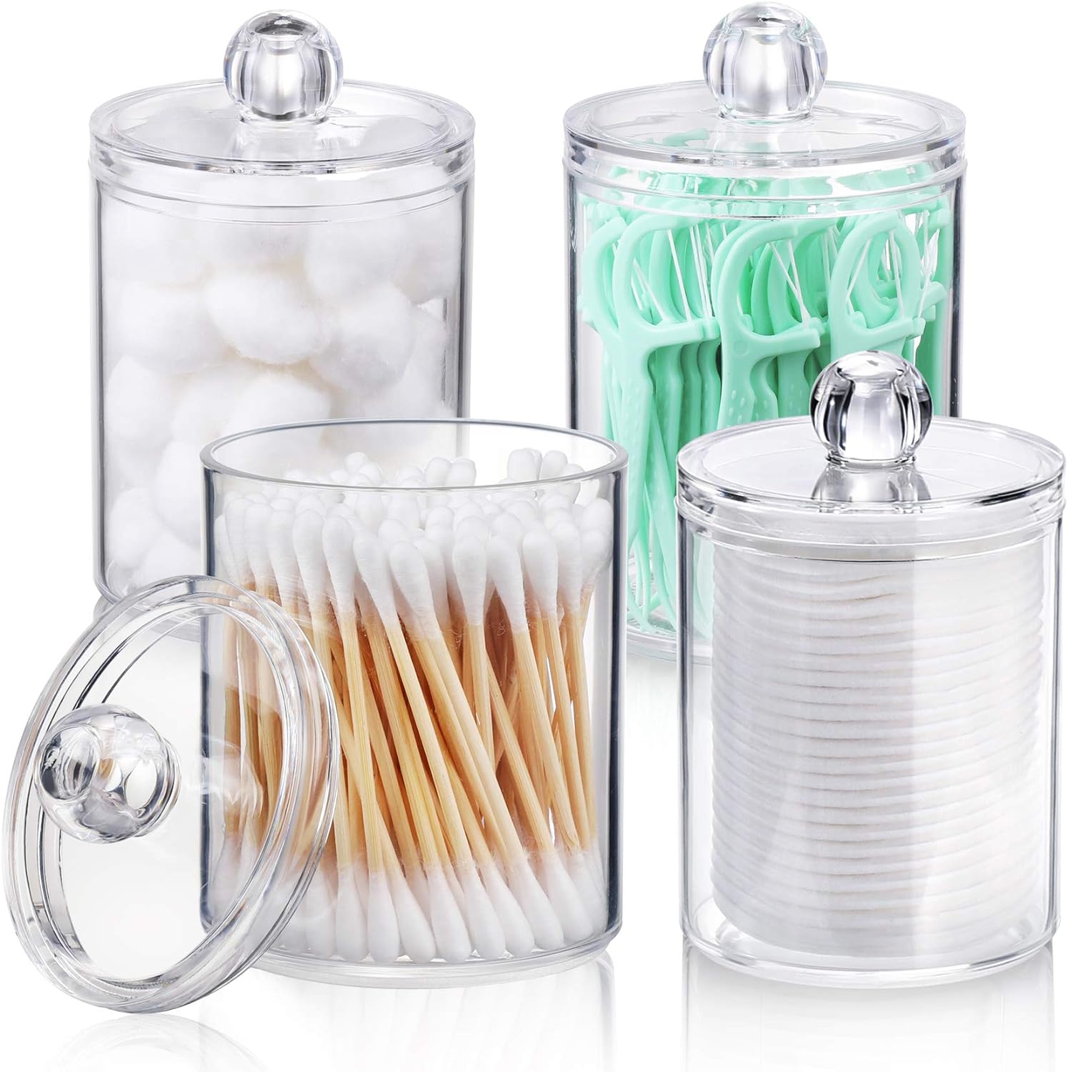 4 PACK Qtip Holder Dispenser for Cotton Ball, Cotton Swab, Cotton Round Pads, Floss Picks - Small Clear Plastic Apothecary Jar Set for Bathroom Canister Storage Organization, Vanity Makeup Organizer