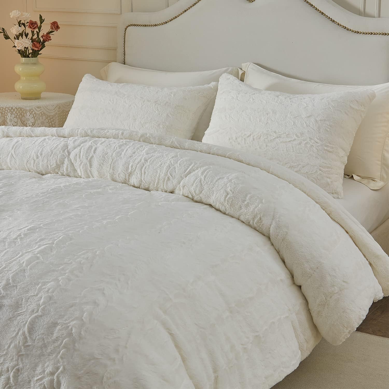 Faux Fur Duvet Cover Set Ultra Soft Marbled Ivory Comforter Cover Set Luxury Fluffy Plush Fuzzy 3 Pieces Bedding Set(1Comforter 2 Pillowcases) (Full Size,Ivory White)