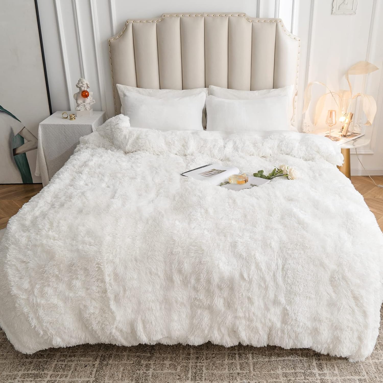 CHOSHOME Plush Shaggy Duvet Cover Queen Size, 3 PCS Fluffy Comforter Fuzzy Flannel Bedding Sets(1 Faux Fur Duvet Cover   2 Pillowcases), Zipper Closure & 8 Corner Ties, White