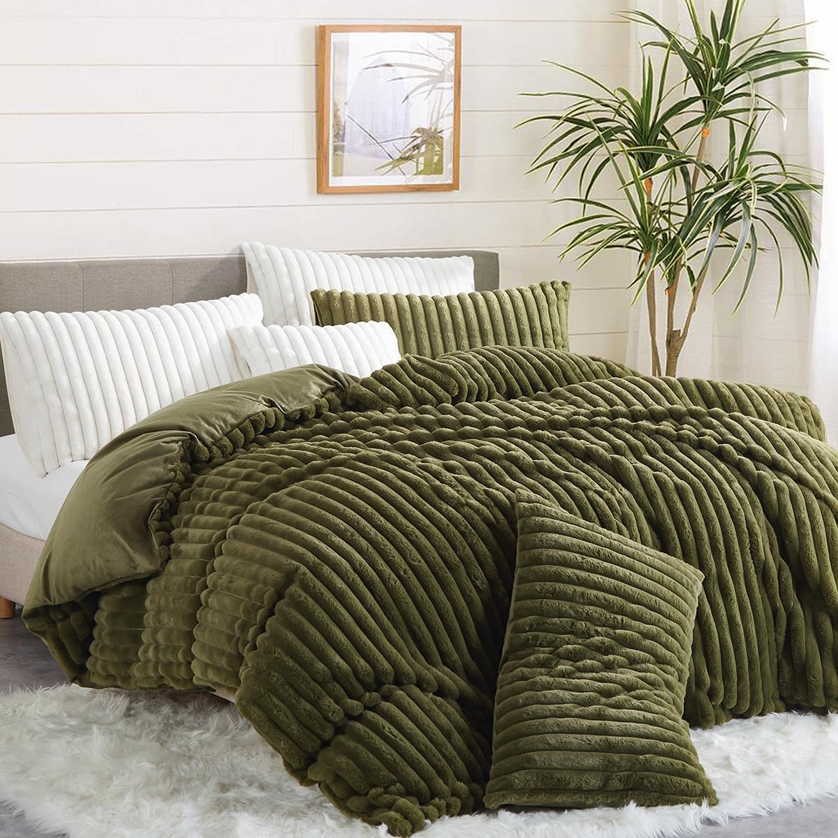 Nayoroom Fluffy Faux Fur Duvet Cover Queen Size Velvet Flannel Olive Green Striped Reversible Comforter Cover Winter Warm 3 Pcs Luxury Soft Shaggy Plush Fuzzy Bedding Set with Zipper Closure