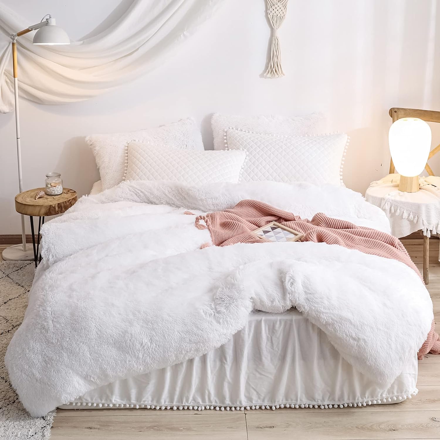 White Faux Fur Comforter Cover Queen Size - Fluffy Luxury Ultra Soft Plush Comforter 3 Pieces (1 Shaggy Duvet Cover + 2 Pillow Shams) Faux Fur Fuzzy Bedding Set (White, Queen)