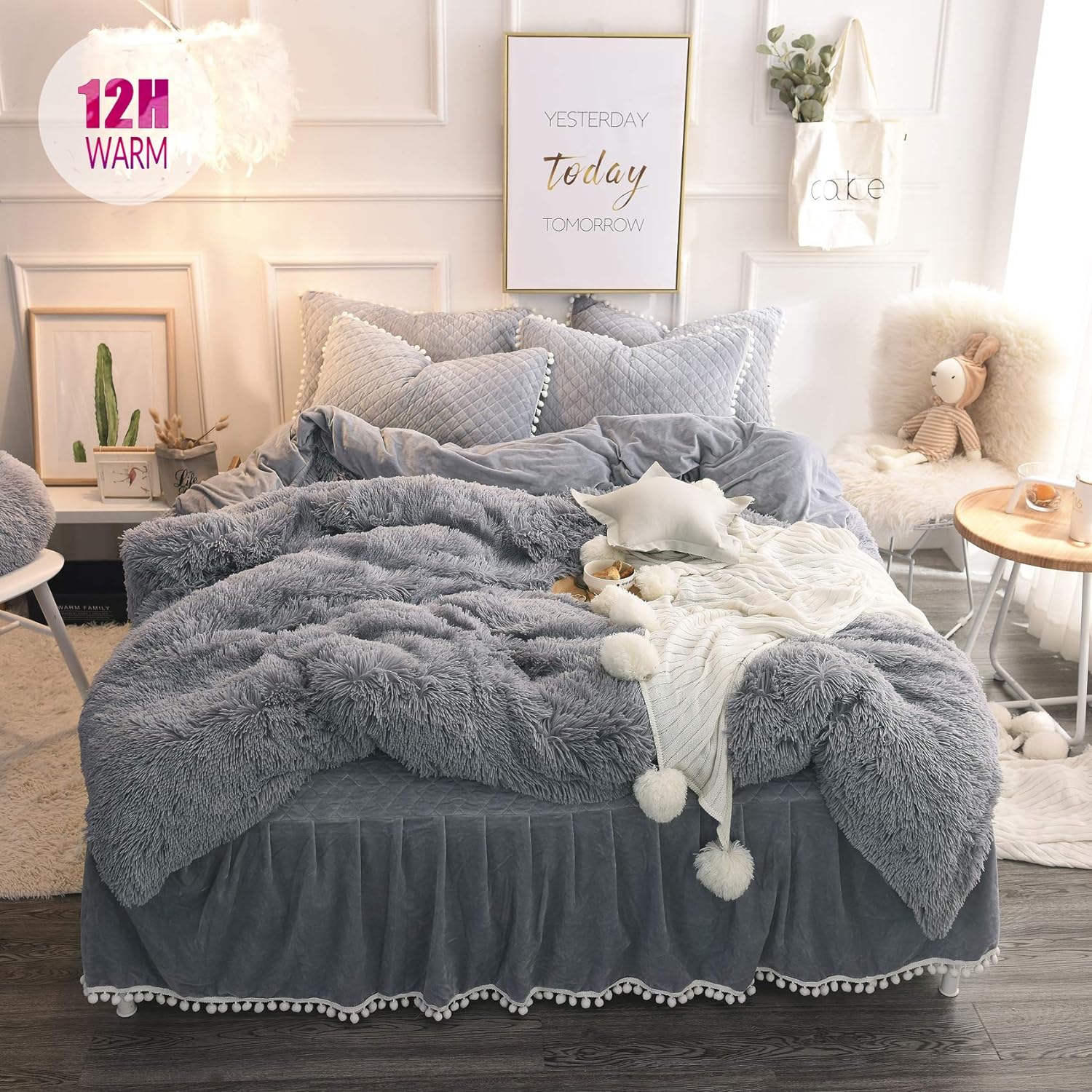 Fluffy Plush Shaggy Duvet Cover Set Queen Size, 3 Pieces Furry Fuzzy Grey Comforter Cover Bedding Queen Set (1 Faux Fur Duvet Cover   2 Pom Poms Fringe Pillow Shams) Soft, Zipper Closure