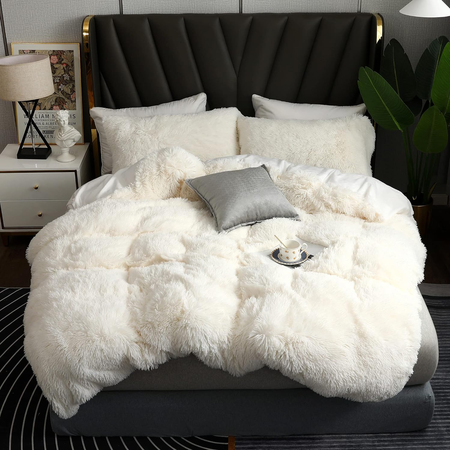 Fluffy Duvet Cover Queen Size, Luxury Super Soft Duvet Cover with Zipper Closure, Truly Velvet Duvet Cover Queen with 1 Faux Fur Comforter Cover & 2 Faux Fur Pillow Shams, Cream White