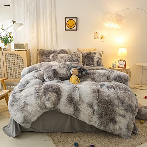 Shaggy Plush Duvet Cover Set Super Soft Fluffy Faux Fur Comforter Cover Set Luxury Fuzzy Bedding Set 3 Piece(1Duvet Cover 2Pillowcases) with Zipper Closure(Queen Size,Gray White Ombre)