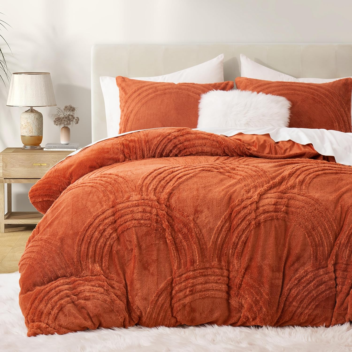 Oli Anderson Fluffy Duvet Cover Set Queen Size, 3 Pieces Tufted Plush Shaggy Comforter Cover, Ultra Soft Warm Fuzzy Faux Fur Bedding Sets, Pumpkin (1 Duvet Cover   2 Pillowcases)