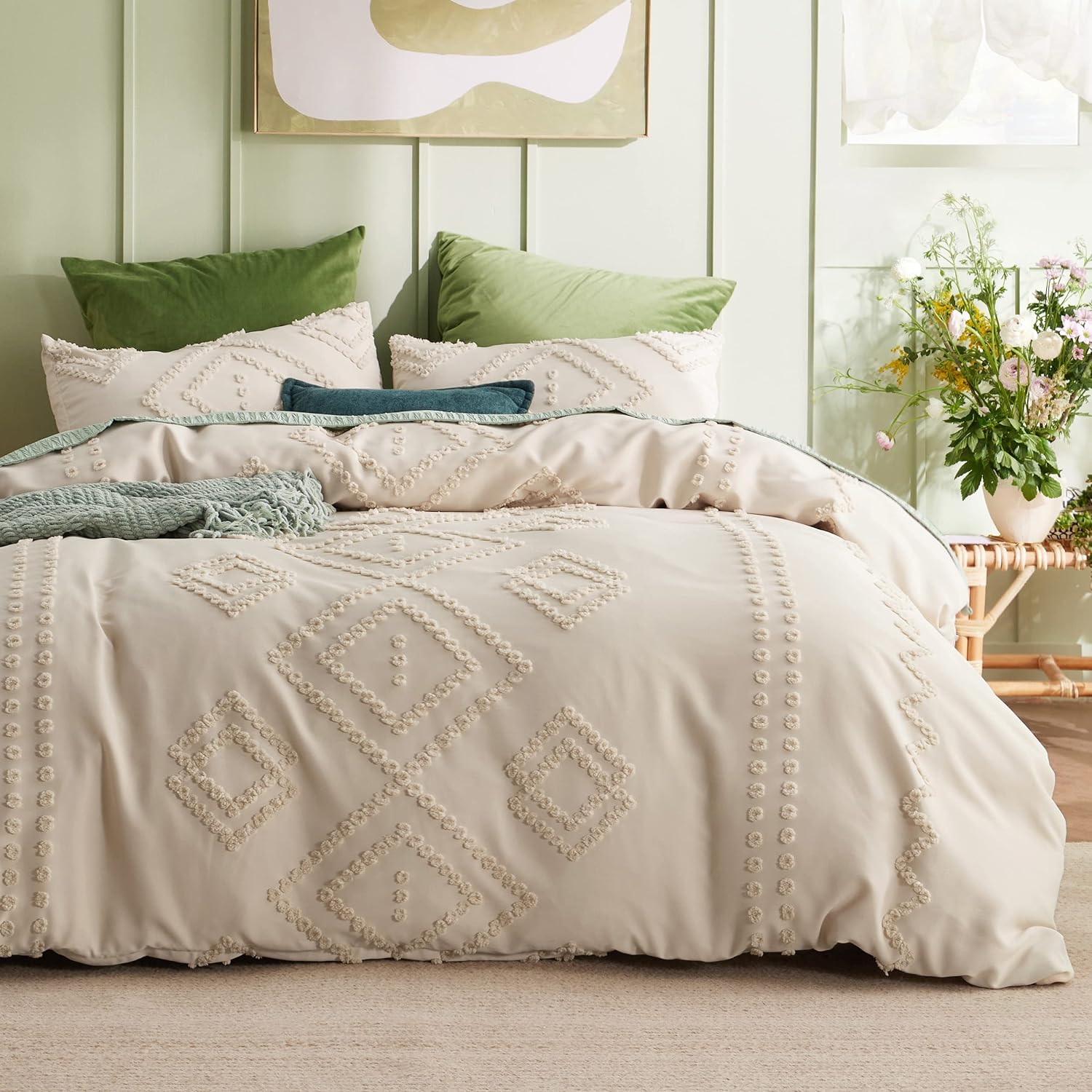 Bedsure Duvet Cover Queen - Queen Duvet Cover, Boho Bedding Queen for All Seasons, 3 Pieces, Chic Geometric Tufted Duvet Cover (Beige, Queen, 90x90)