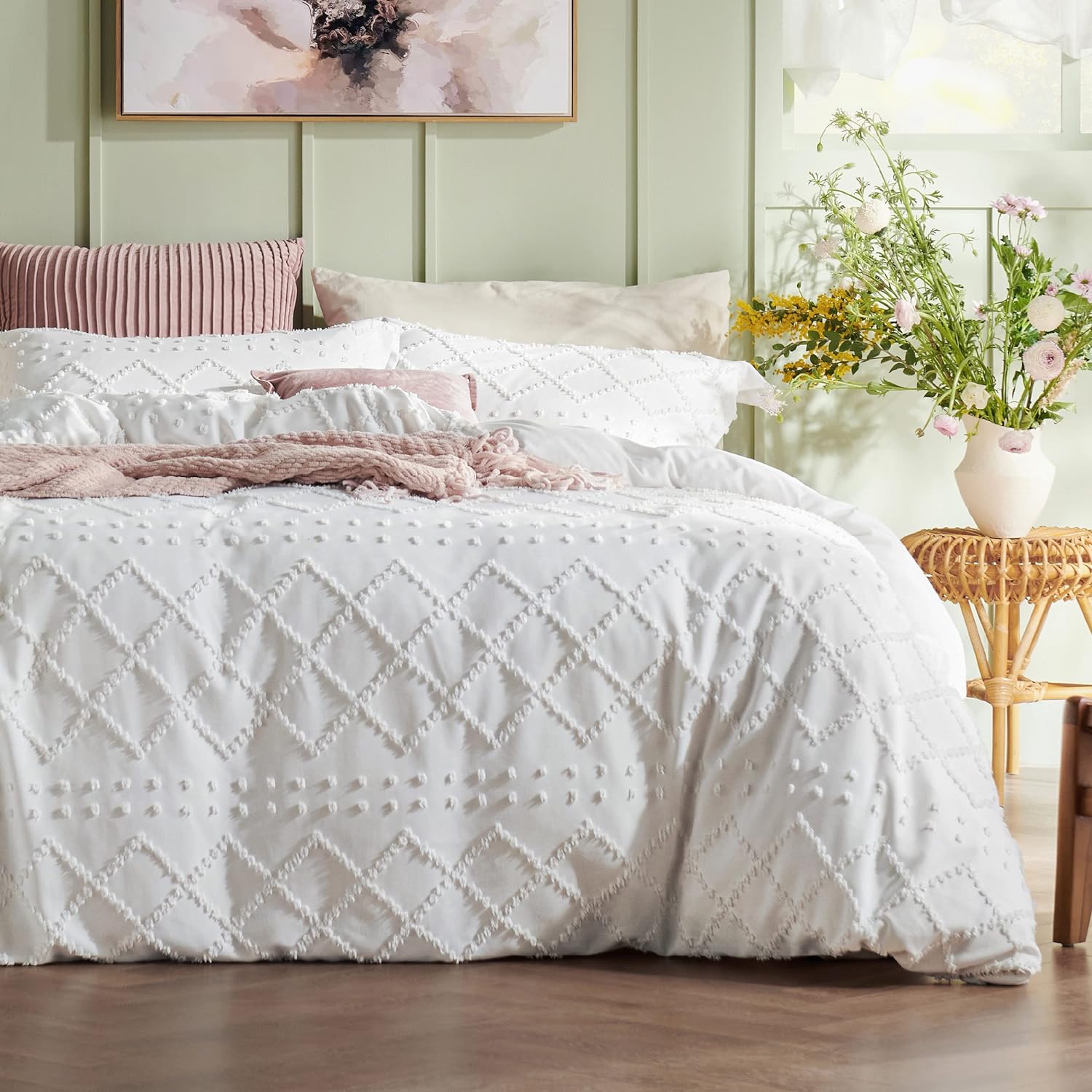 Bedsure Boho Duvet Cover Queen - Boho Bedding, Tufted Queen Duvet Cover for All Seasons, 3 Pieces Embroidery Shabby Chic Home Bedding Duvet Cover (White, Queen, 90x90)