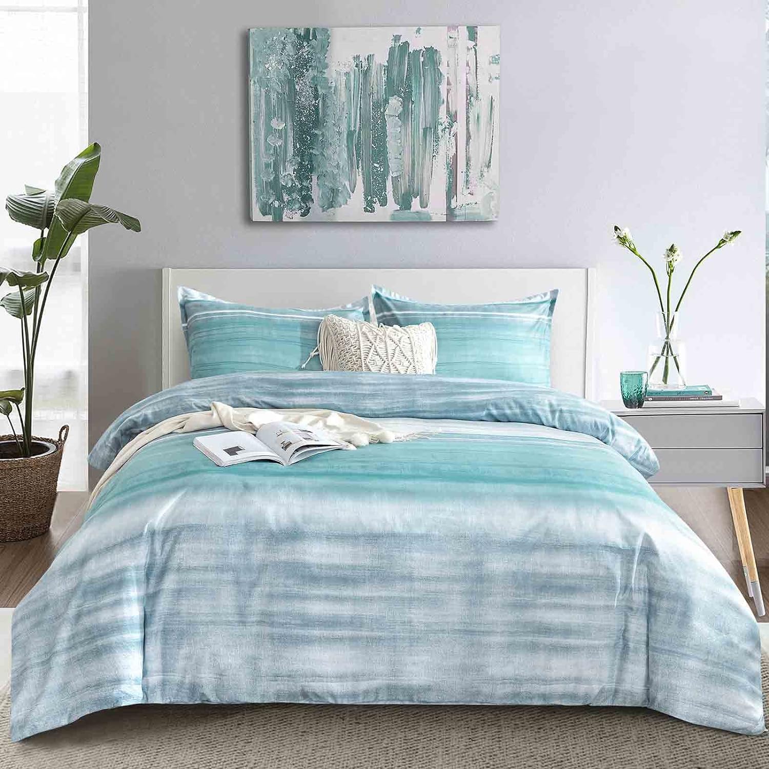 Blue Grey Striped King Size Duvet Cover - Teal and Gray Stripe Printed Pattern Reversible Microfiber Comforter Cover Bedding Sets - 3PC 104 x 90 Soft Bed Sets , Modern Abstract Style for Women Men