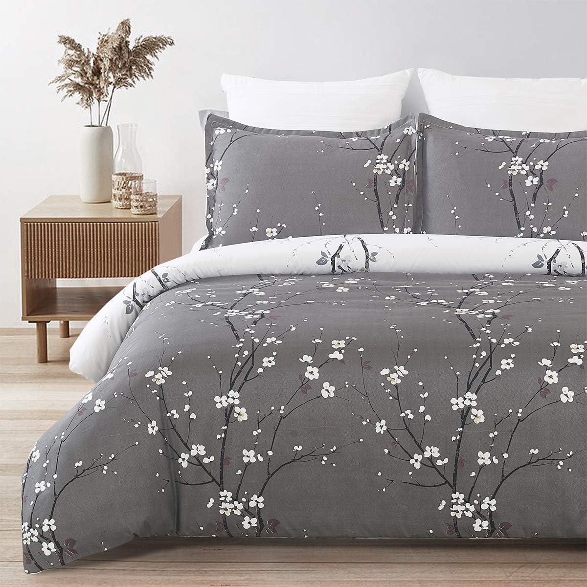 Soft Brushed Microfiber Duvet Cover Set with Zipper Closure and Corner Ties, Plum Blossom/Branch Floral Printed Pattern, Grey and White Color, Reversible Design, King Size(104x90 Inches)