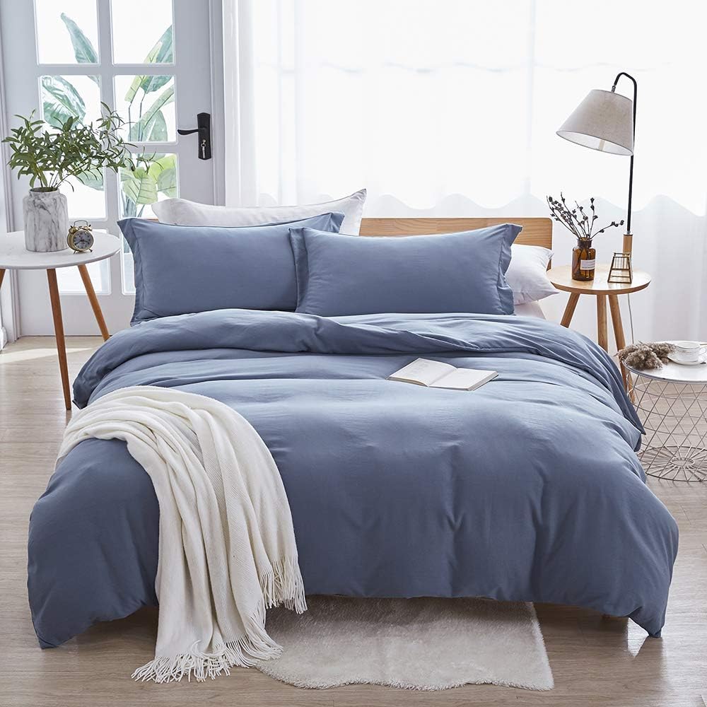 Duvet Cover Queen,Washed Microfiber Haze Blue Queen Size Duvet Cover Set,Solid Color - Soft and Breathable with Zipper Closure & Corner Ties (Haze Blue, Queen)