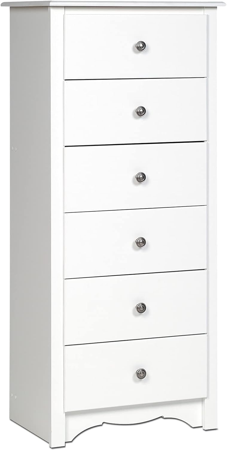 Prepac Monterey 6 Drawer Tall Chest For Bedroom, Dresser, 17.75 D x 23.25 W x 53 H, White