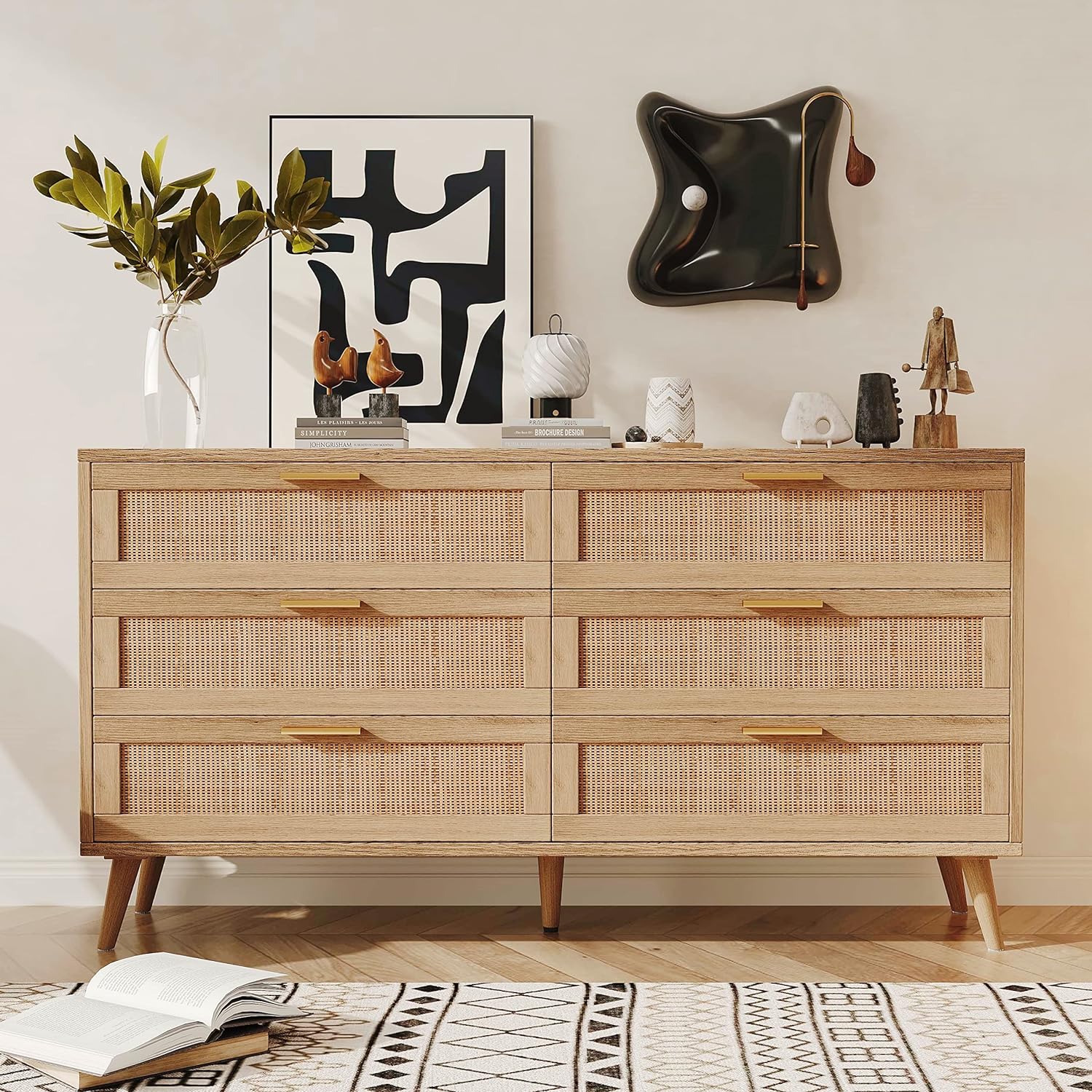 Rovaurx 6 Drawer Double Dresser for Bedroom, Rattan Chest of Dressers, Modern Wooden Dresser Chest with Golden Handles, Beside Table for Closet, Living Room and Entryway, Natural RDG001M