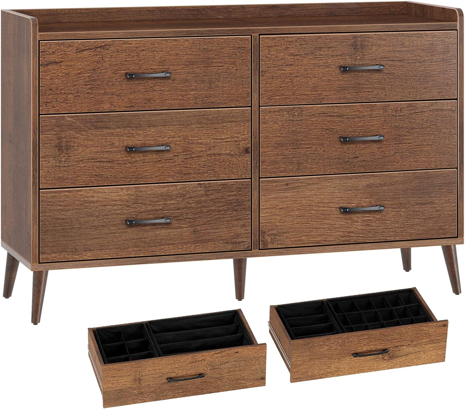 Rolanstar Drawer Dresser Quick Install, 6 Wooden Drawers Storage Dresser with Set of 4 Foldable Drawer Dividers, Mid Century Rustic Chest of Drawer with Anti-Tipping Device, Bedroom, Brown