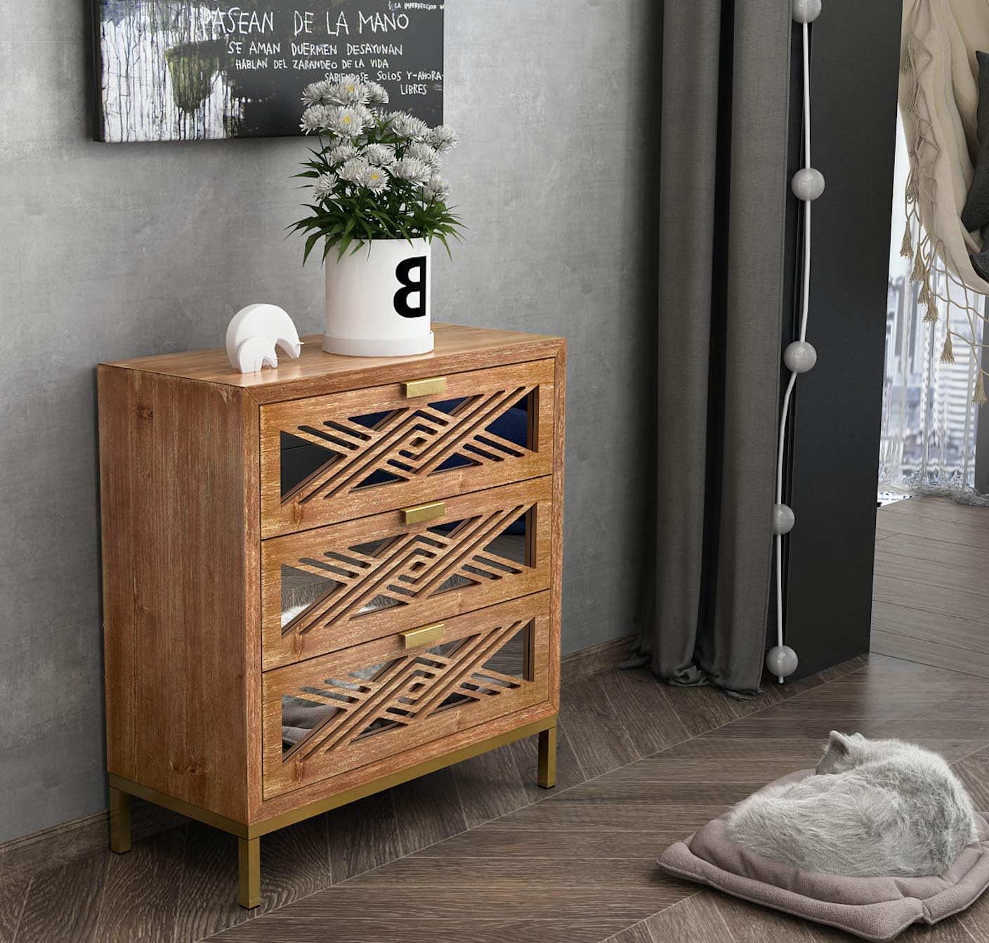 3-Drawer Accent Dresser with Mirror Fronts, Modern Farmhouse Accent Chest Clean-Lined Silhouette