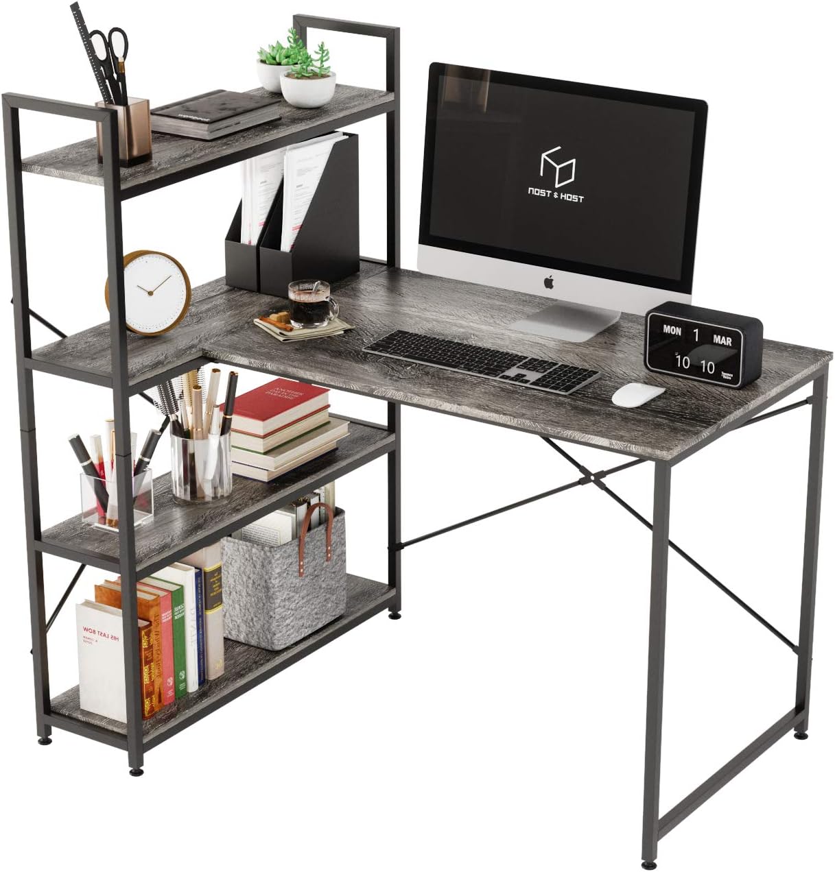 Nost & Host L-Shaped Corner Desk with Storage Shelves, 46 Inch Small L-Shaped Desk with 4-Tier Reversible Bookshelf for Compact Space, Home Office Modern Style Computer Desk Writing Table, Gray