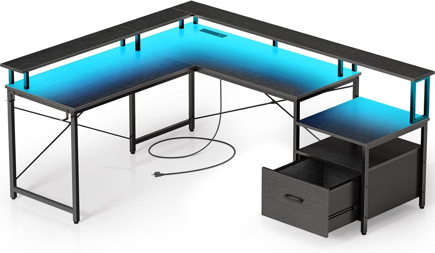 Rolanstar Computer Desk with File Drawer, 68 L Shaped Computer Corner Desk with Power Outlet & LED Strip, Home Office Desk with Monitor Shelf, Black