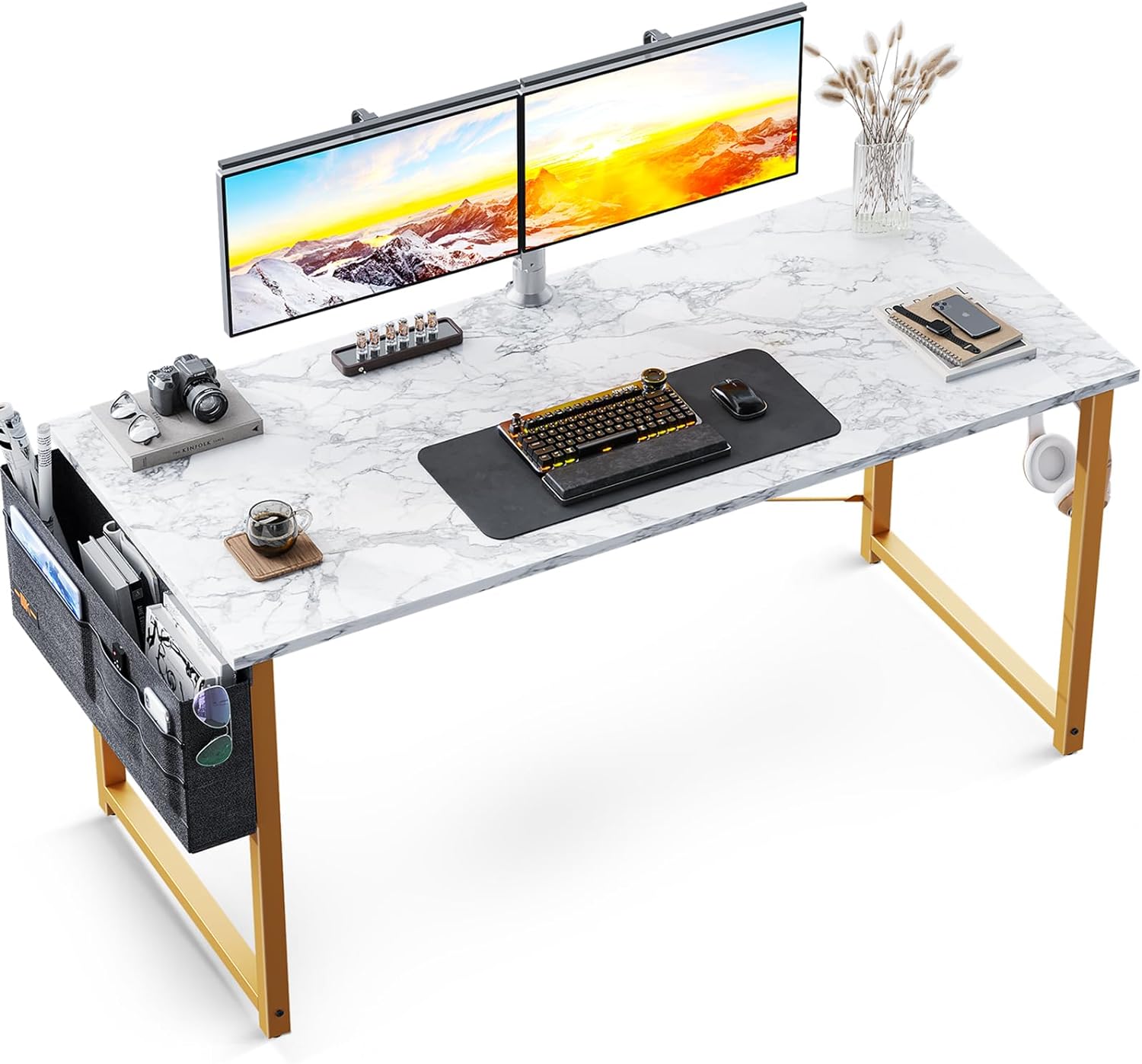 ODK 48 inch Computer Desk, Writing Desk Home Office Desk PC Study Table, Work Desk with Storage Bag and Headphone Hook, White Marble + Gold Leg