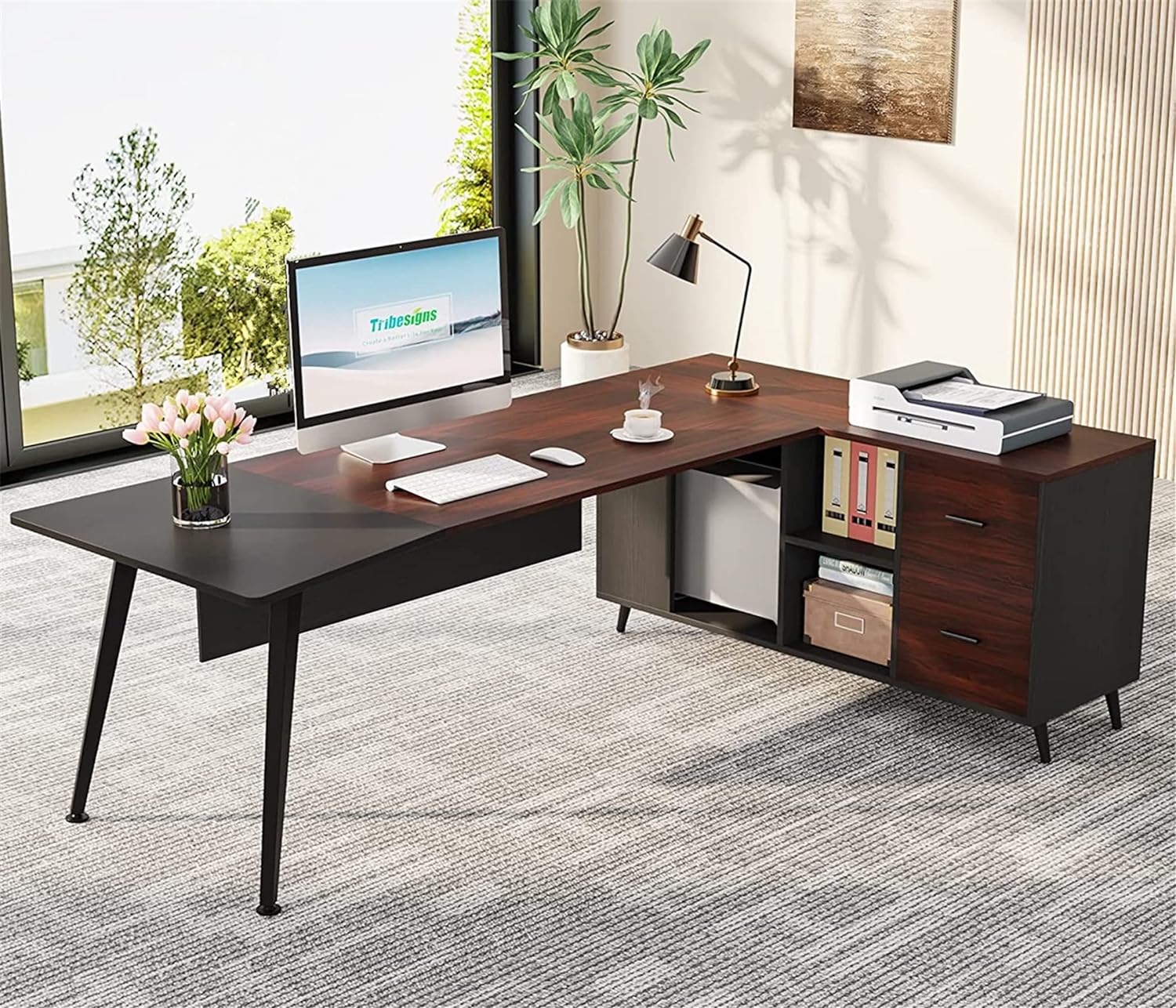 Tribesigns 87 Large Executive Office Desk with File Cabinet, L-Shaped Computer Desk with Drawer and Storage, Modern Computer Desk Workstation Home Office Business Furniture Set, Walnut