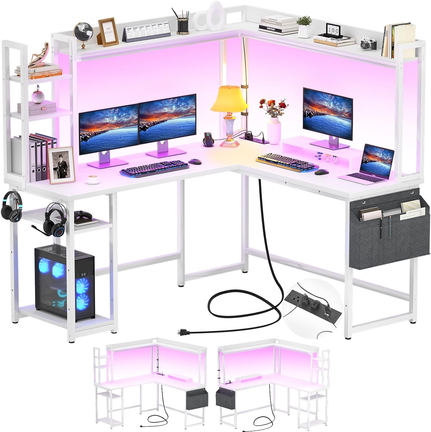 Aheaplus L Shaped Desk with Power Outlet, L Shaped Gaming Desk with Led Light & Hutch, Reversible Home Office Desk, Corner Computer Desk Writing Desk with Monitor Stand & Storage Shelves, White