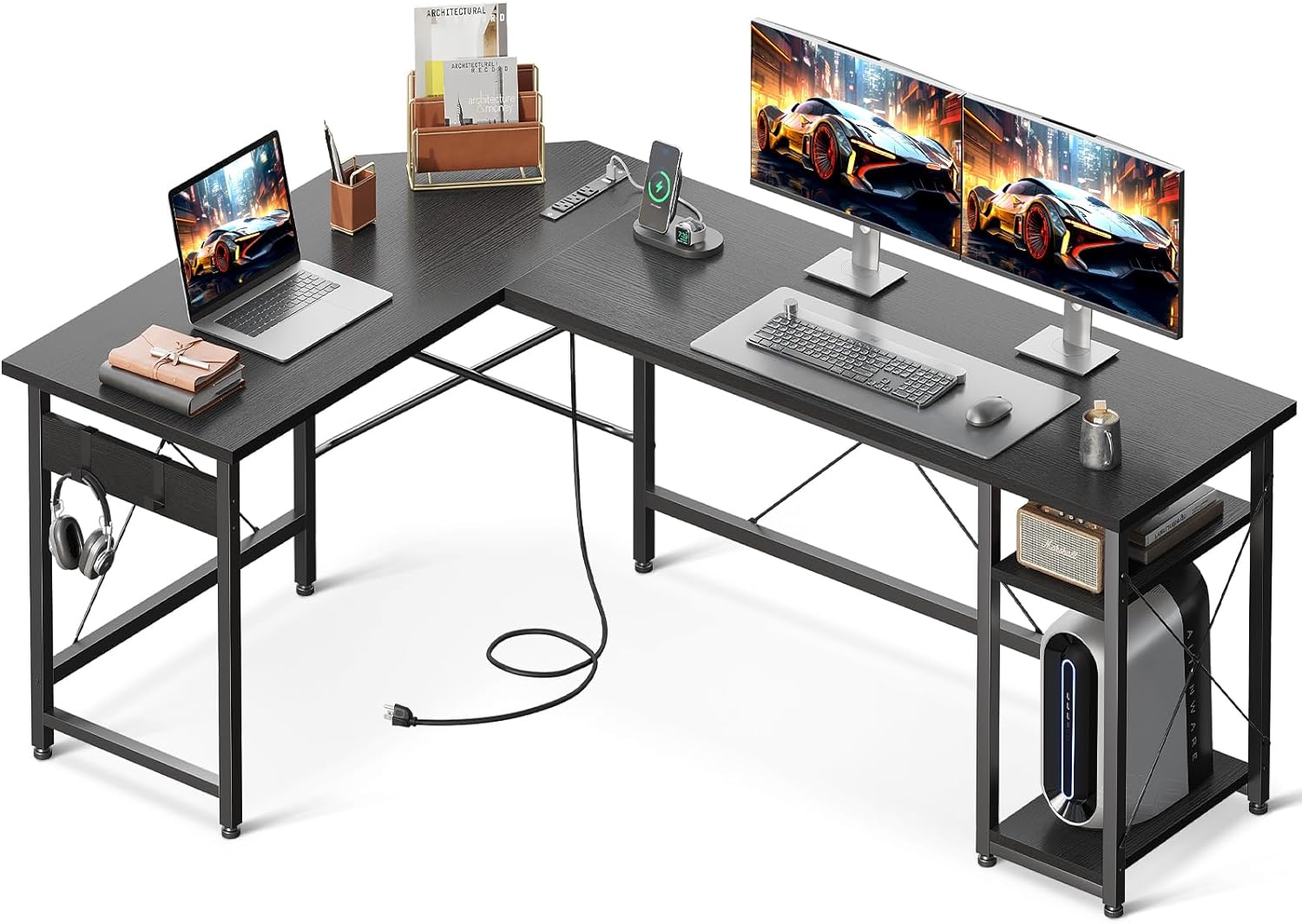 Coleshome L Shaped Computer Desk 66 with Power Outlet & Storage Shelves, Corner Sturdy Writing Desk Workstation, Modern Wooden Office Gaming Desk, Wood & Metal, Black