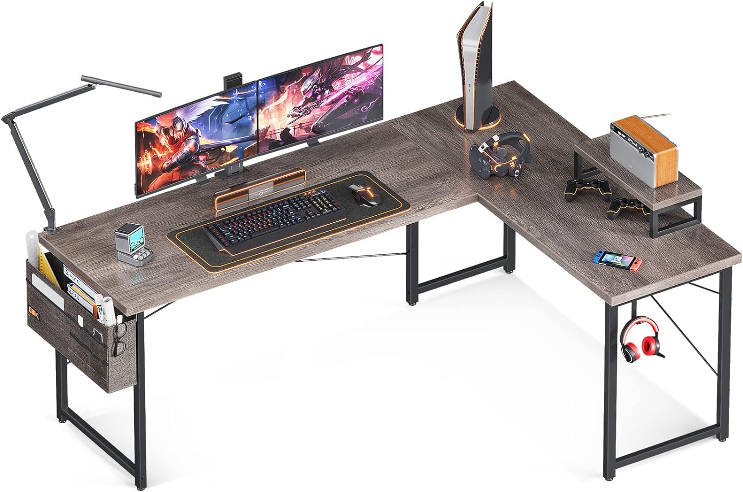 ODK L Shaped Desk, 66 Computer Corner Desk, Gaming Desk, Home Office Writing Desk with Monitor Shelf, Space-Saving Workstation Desk, Modern Simple Wooden Desk, Easy to Assemble, Gray Oak