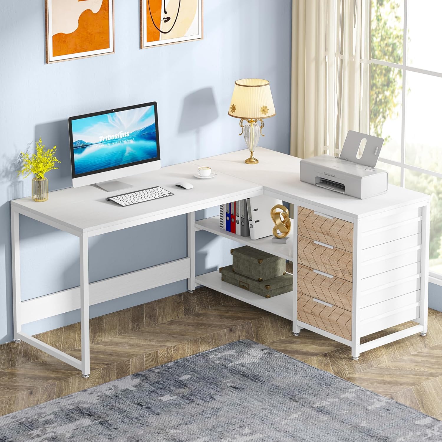 Tribesigns L Shaped Computer Desk with Storage Drawers, 59 inch Corner Desk with Shelves, Reversible L-Shaped Office Desk Study Writing Table Workstation for Home Office, White