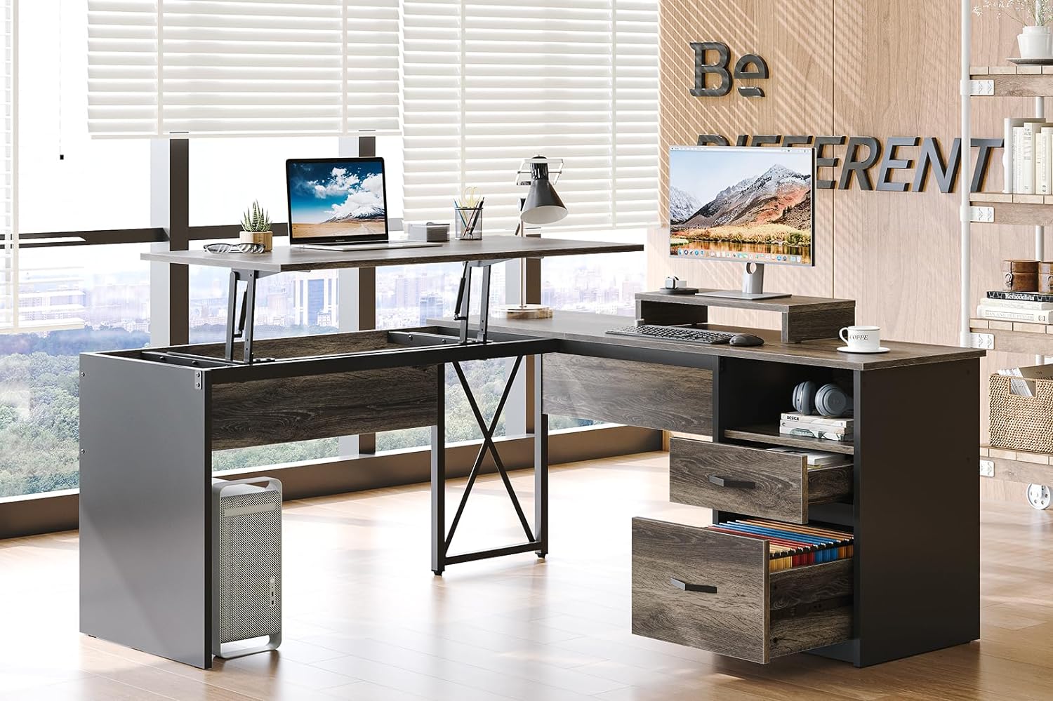 Bestier Lift Top L Shaped Desk with File Drawer, 55'' x 55'' Office Desk with Reversible Storage Drawers, L Shaped Standing Desk with Computer Monitor Stand (Retro Grey Oak Dark, 55'' x 55'')