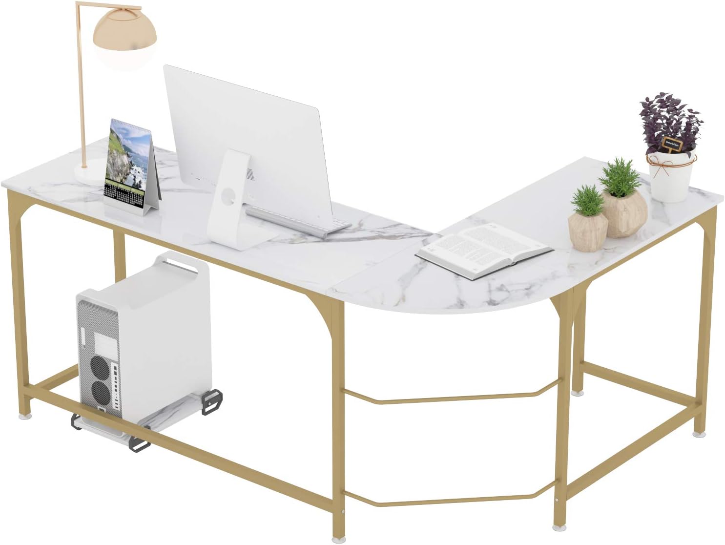 Teraves Reversible L Shaped Desk White - 66.1 Corner Gaming Computer Desk, Office Workstation Modern Home Study Writing Table, Marble Gold