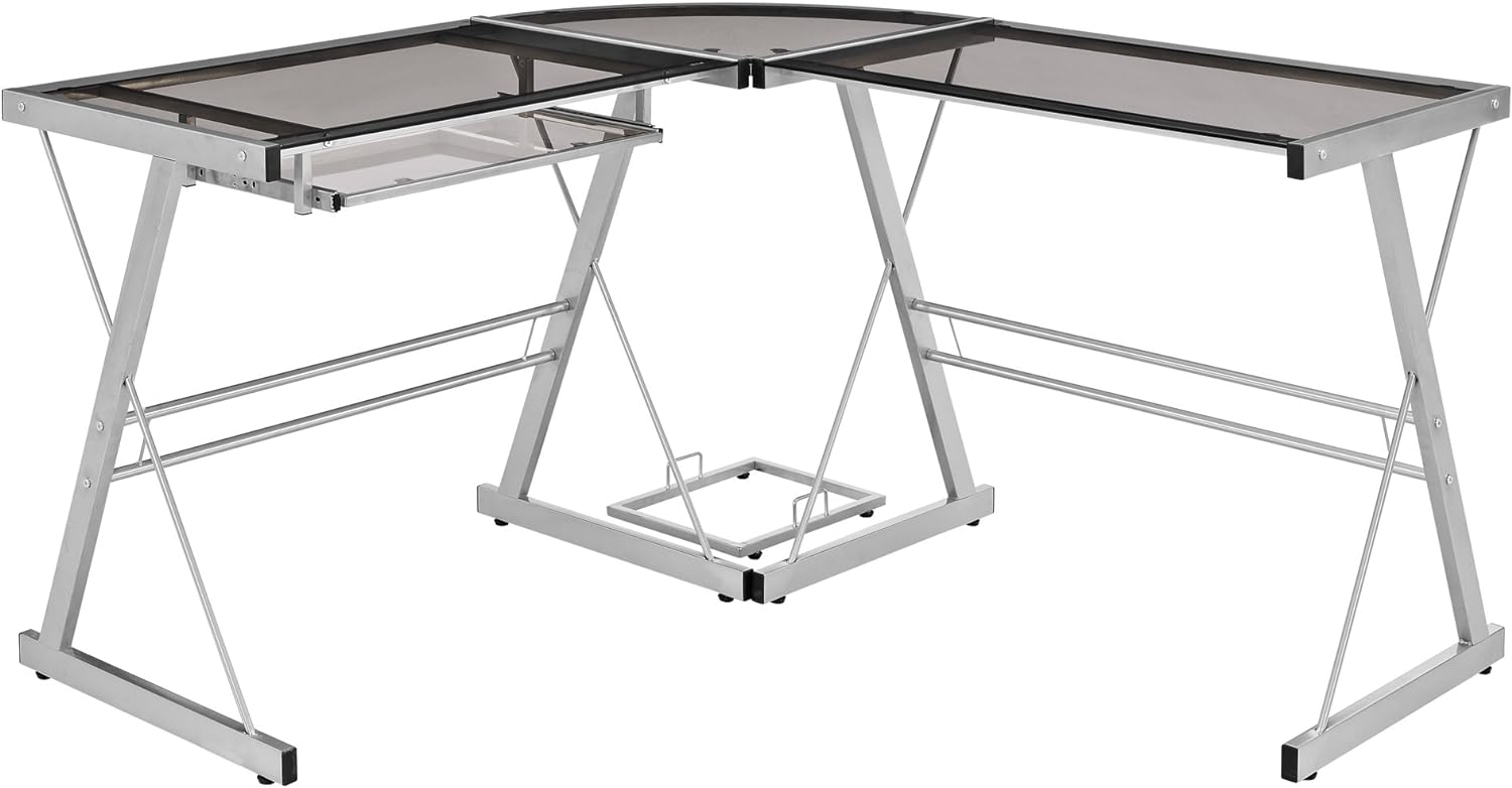 Walker Edison Ellis Modern Glass Top L Shaped Corner Gaming Desk with Computer Keyboard Tray, 51 Inch, Silver