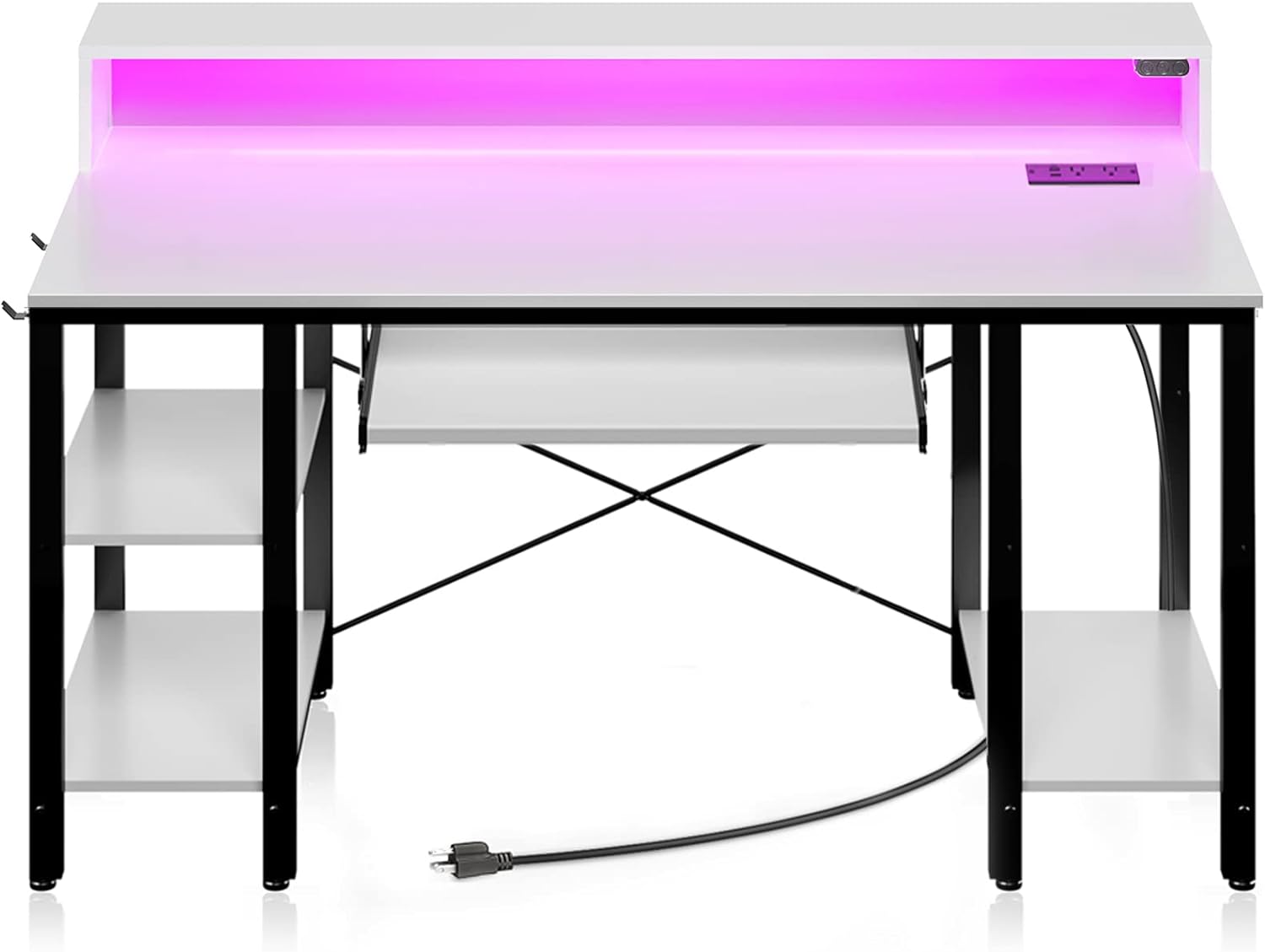 Rolanstar Computer Desk 47 inch with LED Lights & Power Outlets, Gaming Desk with Storage Shelves, Home Office Desk with Keyboard Tray, Writing Desk with Monitor Stand, Study Desk, White