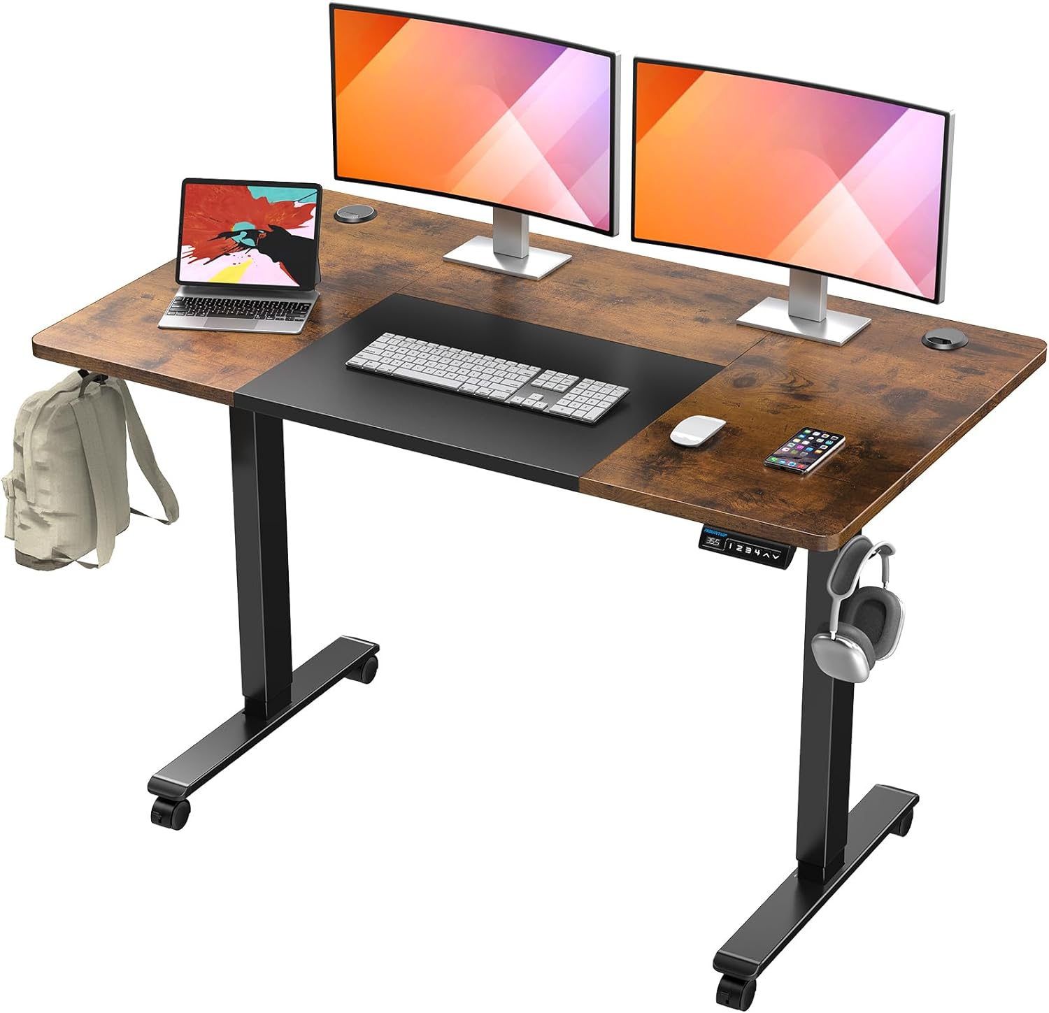 MOUNTUP 55x28 Inches Electric Height Adjustable Standing Desk, Sit Stand Desk with Memory Controller, Ergonomic Stand Up Desk for Home Office with Splice Board, Rustic Brown Black