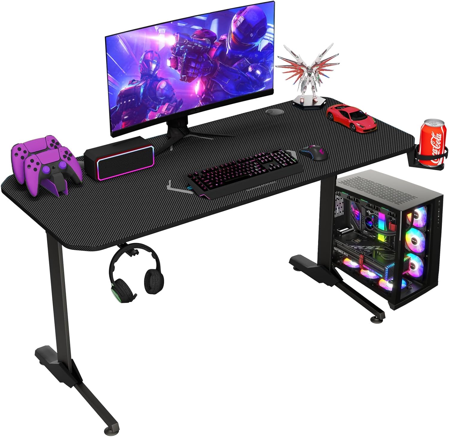 TLSUNNY Gaming Desk 55Inch with Free Mouse Pad, Home Office Enhanced PC Carbon Fiber Computer Desk with Headphone Hook & Cup Holder, Powerful Cable Management, (Black)