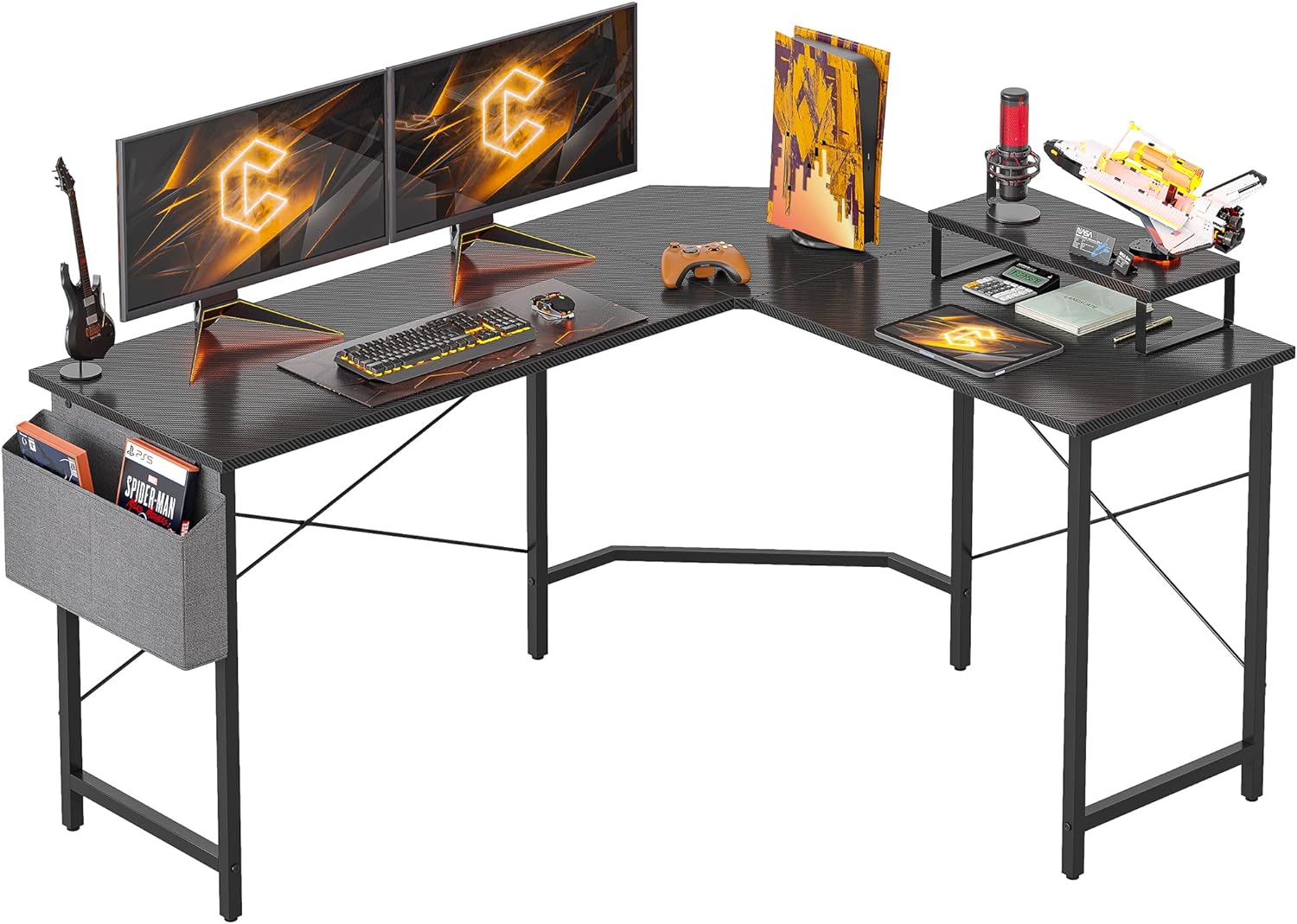 CubiCubi L Shaped Gaming Desk, 59.1 inch Computer Corner Desk with with Carbon Fiber Surface and Monitor Shelf for Home Office Study Writing Workstation, Black