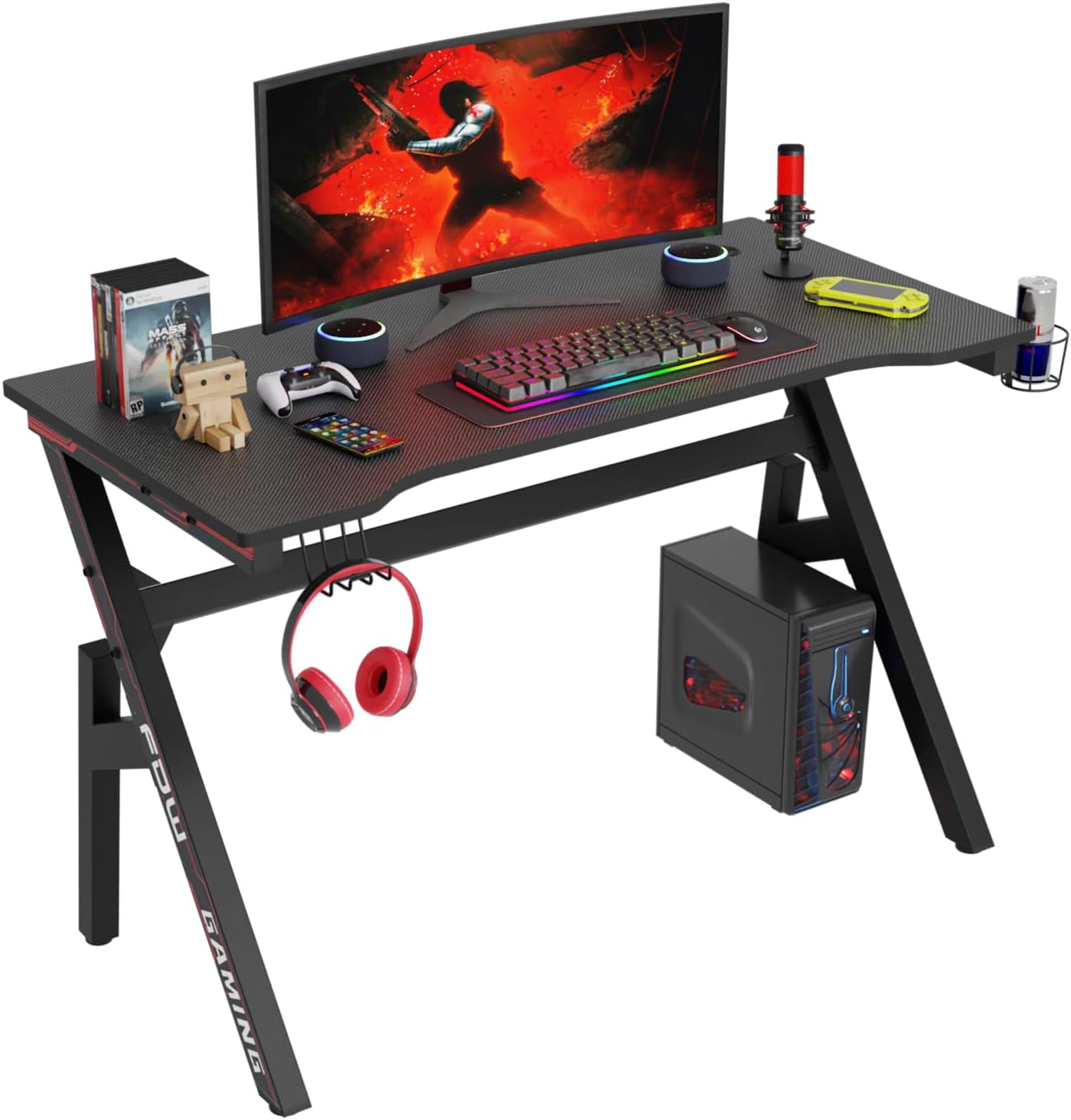 PayLessHere 47 Inch Gaming Desk PC Carbon Fiber Table Ultimate Gamer Workstation with Cup Holder & Headphone Hook for Home Office,Red