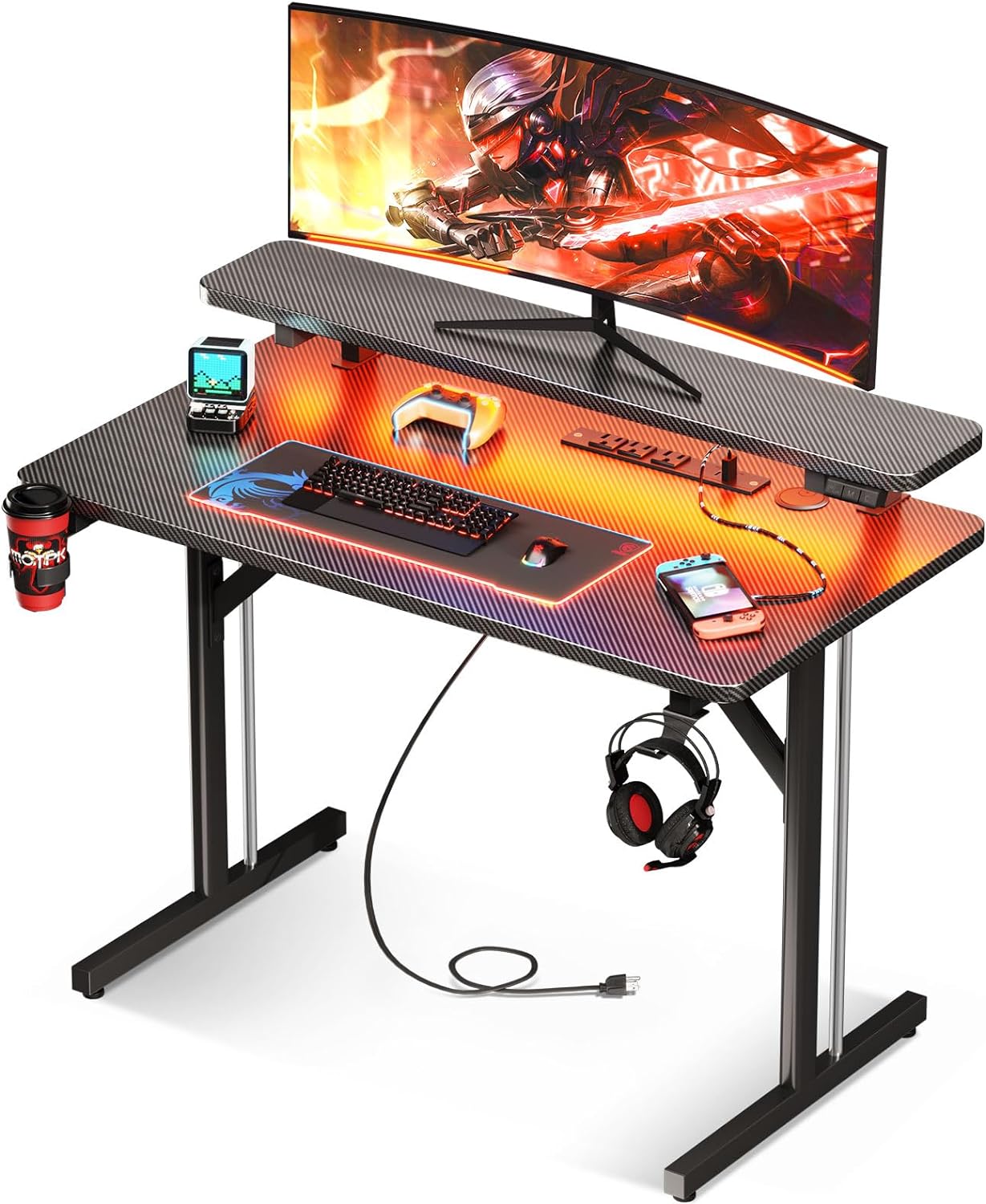 MOTPK Small Gaming Desk with LED Lights & Power Outlets, 31 Inch Computer Desk Gaming Table with Monitor Shelf, Gamer Desk with Carbon Fiber Texture, Kids Boys Desk Gift for Men