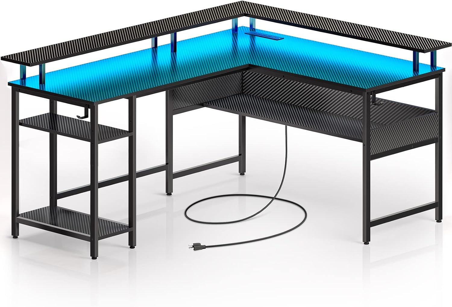 Rolanstar Computer Desk 59.4 with LED Lights and Power Outlets, Carbon Fiber Surface, Reversible L Shaped Gaming Desk with Monitor Stand, Office Desk with Storage, Desk with USB Port and Hook