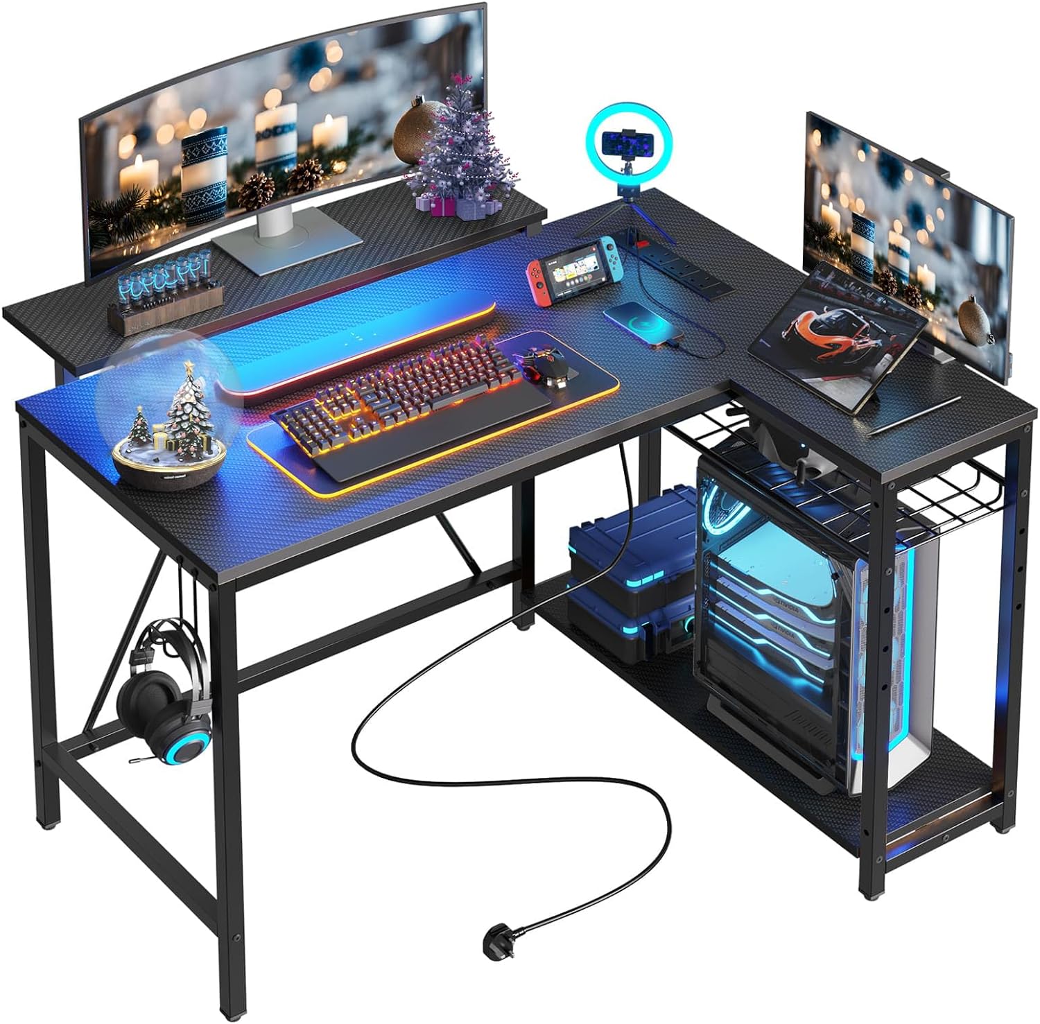 Bestier Small Gaming Desk with Power Outlets,42 L Shaped LED Computer Desk with Monitor Stand Reversible Storage Shelves,Corner Gamer Desk with Headset Hooks USB Charging Port,Carbon Fiber Black