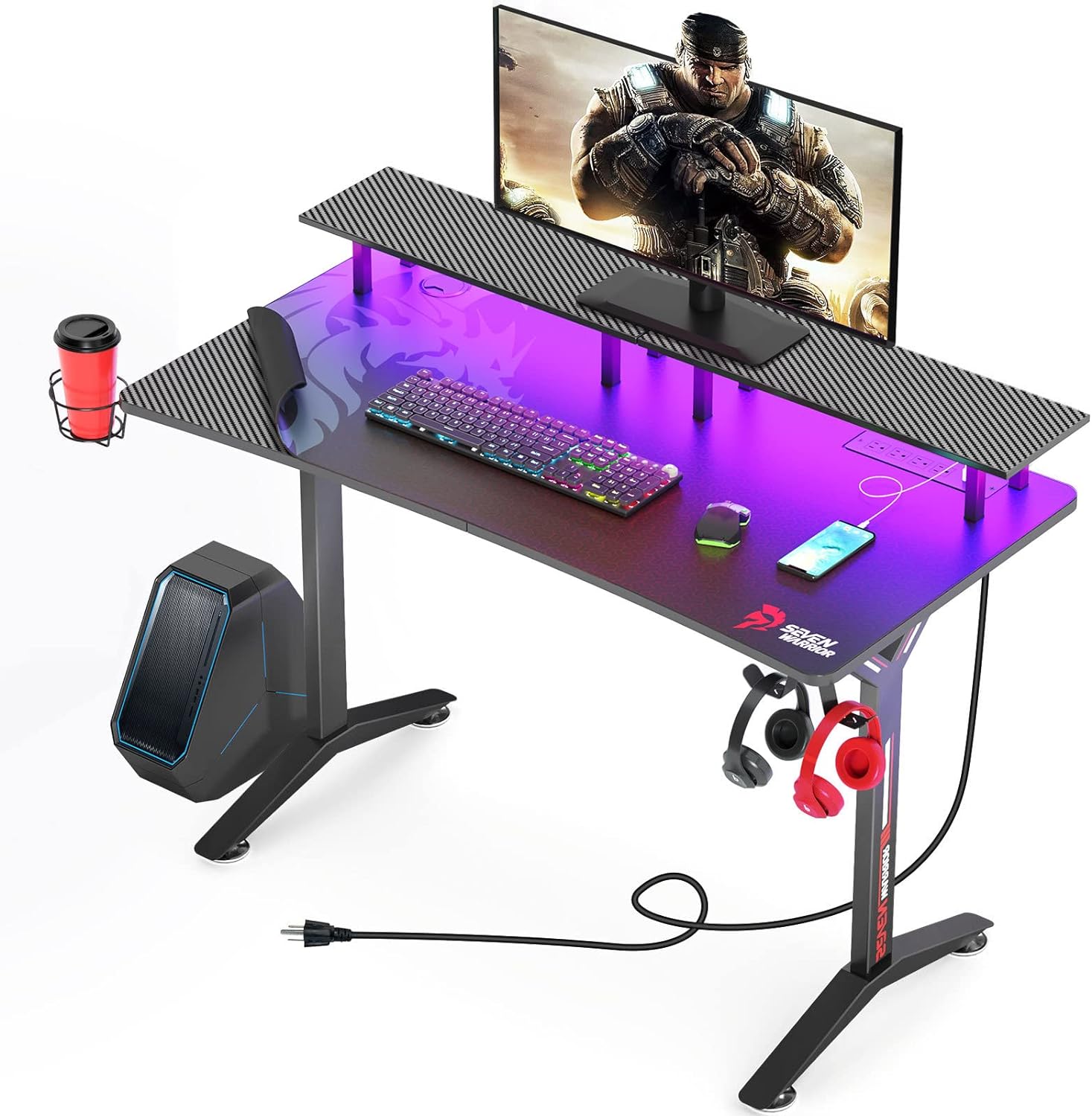 SEVEN WARRIOR Gaming Desk 55INCH with LED Lights & Power Outlets, Carbon Fiber Surface Computer Gamer Desk with Full Desk Mouse Pad, Ergonomic Y Shaped Leg Gamer Table with Monitor Stand