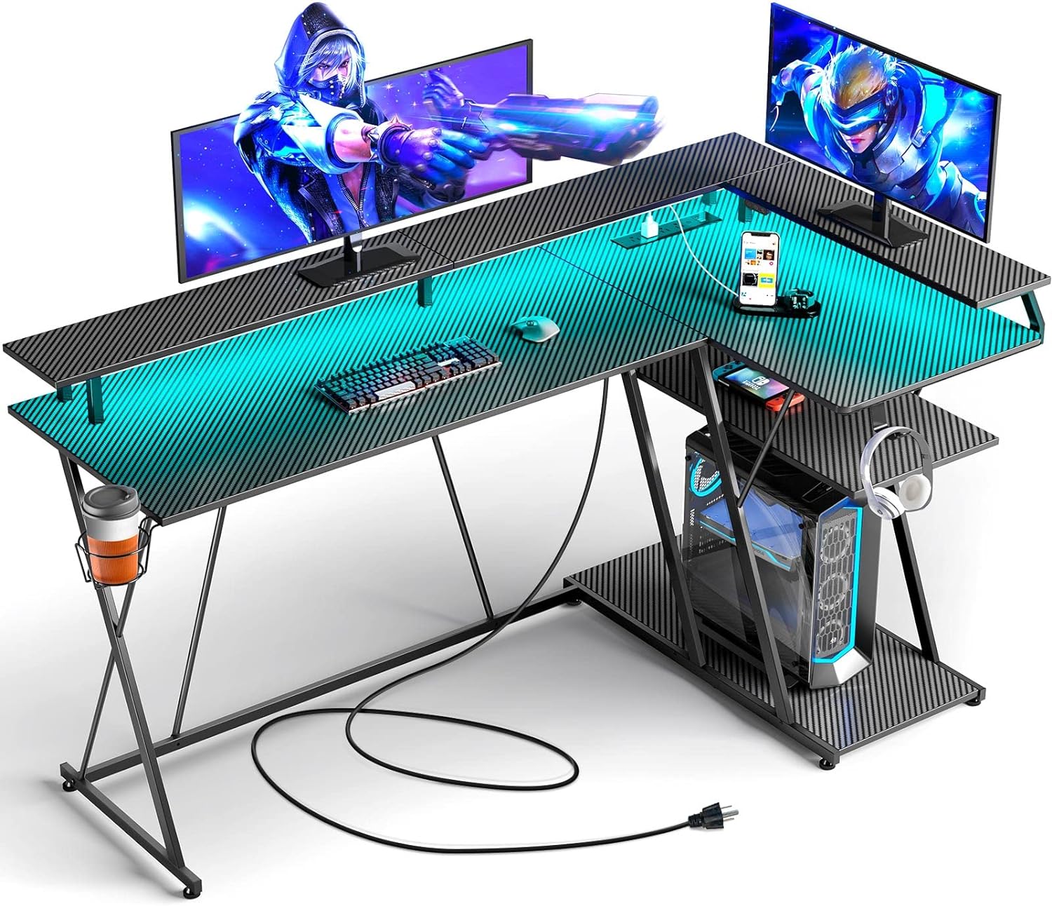 SEVEN WARRIOR L Shaped Gaming Desk with LED Lights & Power Outlets, 63 Reversible Corner Desk with Storage Shelf, Computer Desk with Monitor Stand, Gaming Table with Cup Holder, with Hooks, Black