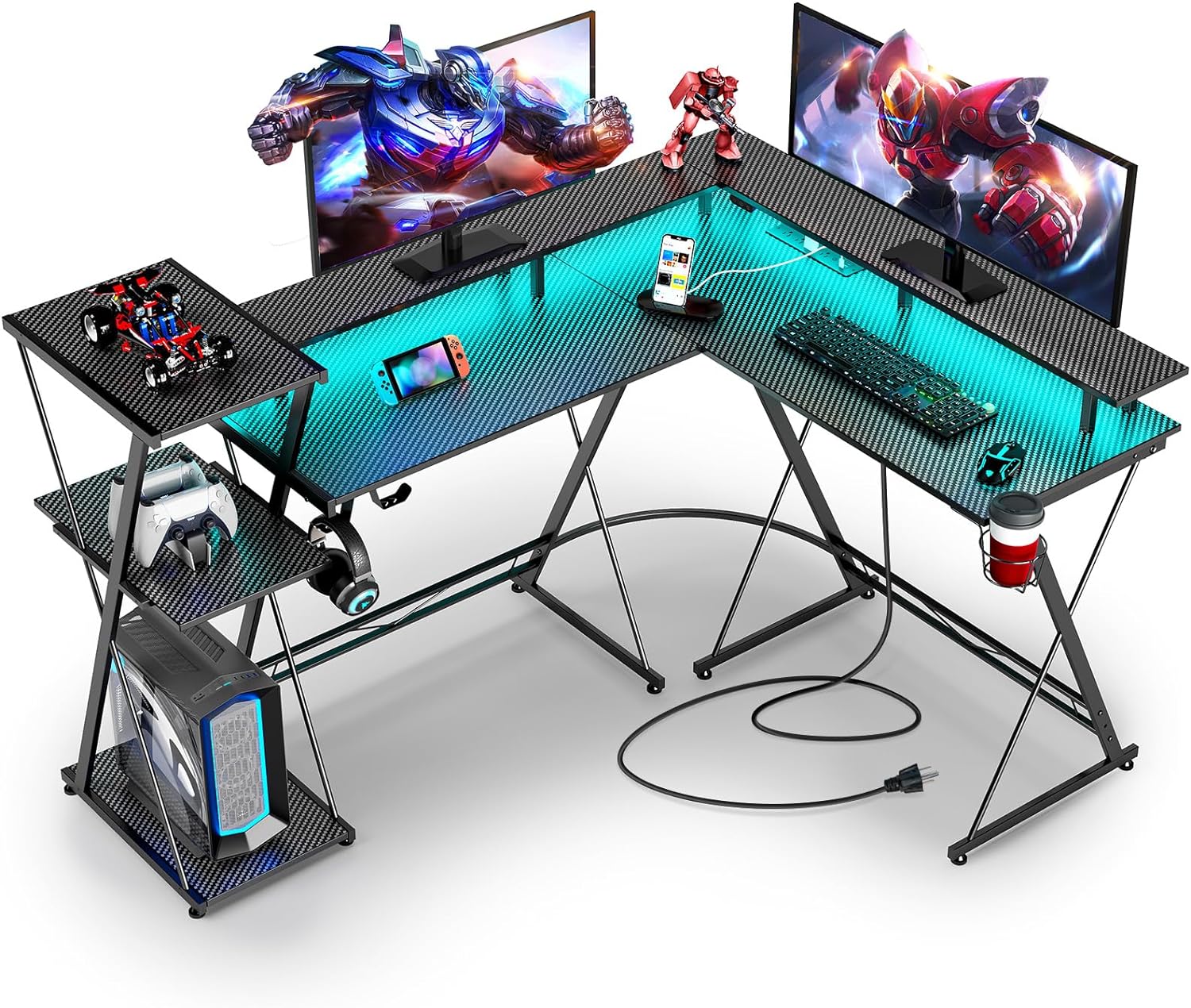 SEVEN WARRIOR L Shaped Gaming Desk with LED Lights & Power Outlets, 50 Reversible Computer Desk with Storage Shelf & Monitor Stand, Corner Desk with Cup Holder, with Headphone Hook, Black