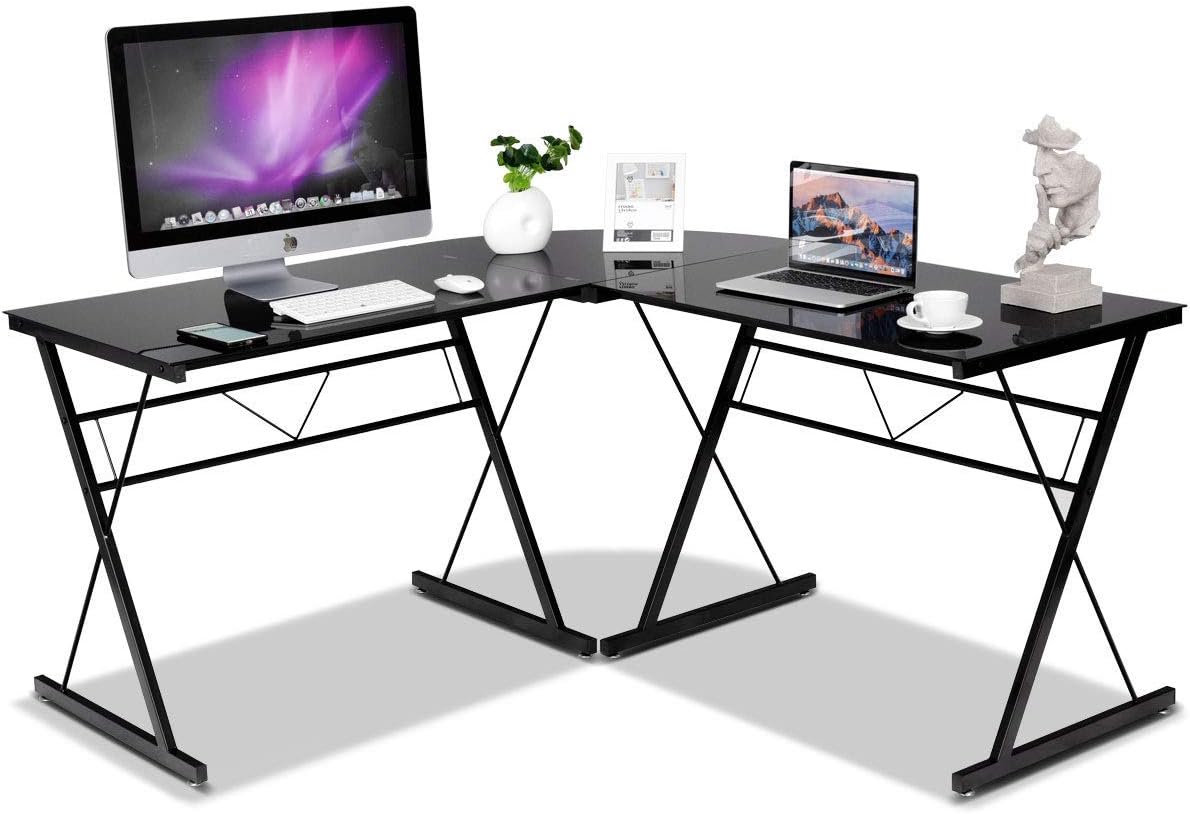 Tangkula L-Shaped, Corner, Modern Simple Style 3-Piece Metal Frame Study Laptop Desk Writing Gaming Table, Computer Workstation Top, Home Office Studio, Black