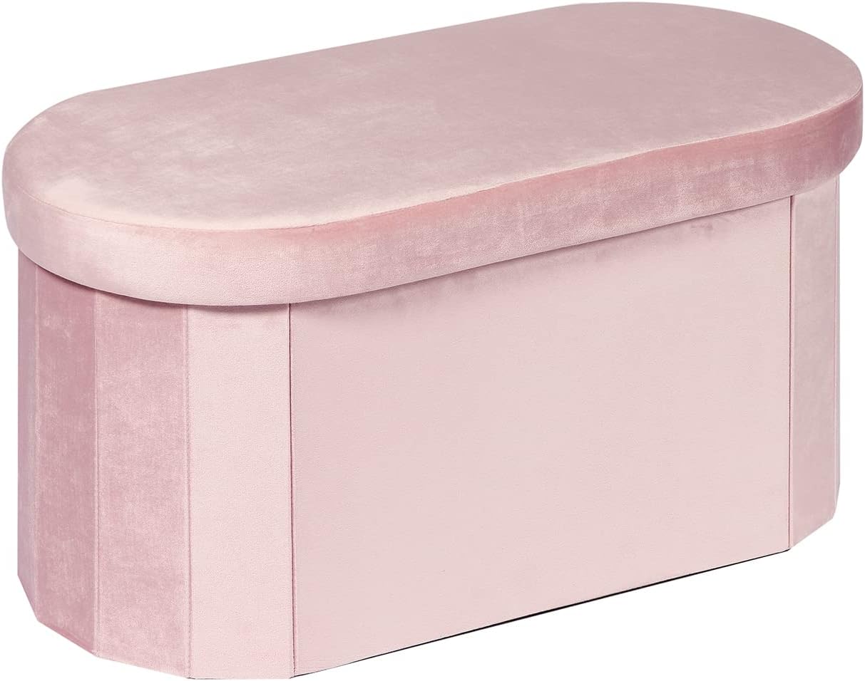 B FSOBEIIALEO Storage Ottoman Bench Tufted Oval Ottomans Bench Foot Rest, Toy Chest Box Velvet Bench with Storage, Pink 30x15x15