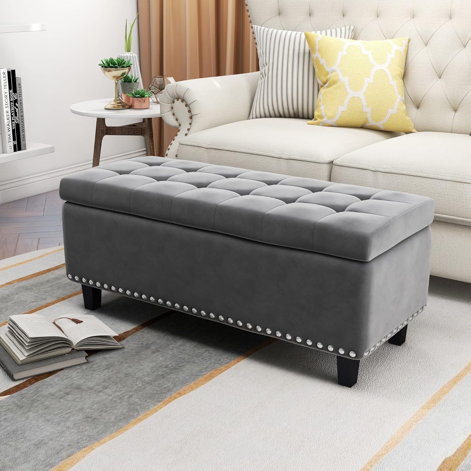 UIXE Button-Tufted Ottoman with Storage, Velvet Storage Ottoman Upholstered Modern End of Bed Bench with Wooden Legs, Large Foot Stool Living Room Ottomans for Bedroom, Entrance, Office (Gray)