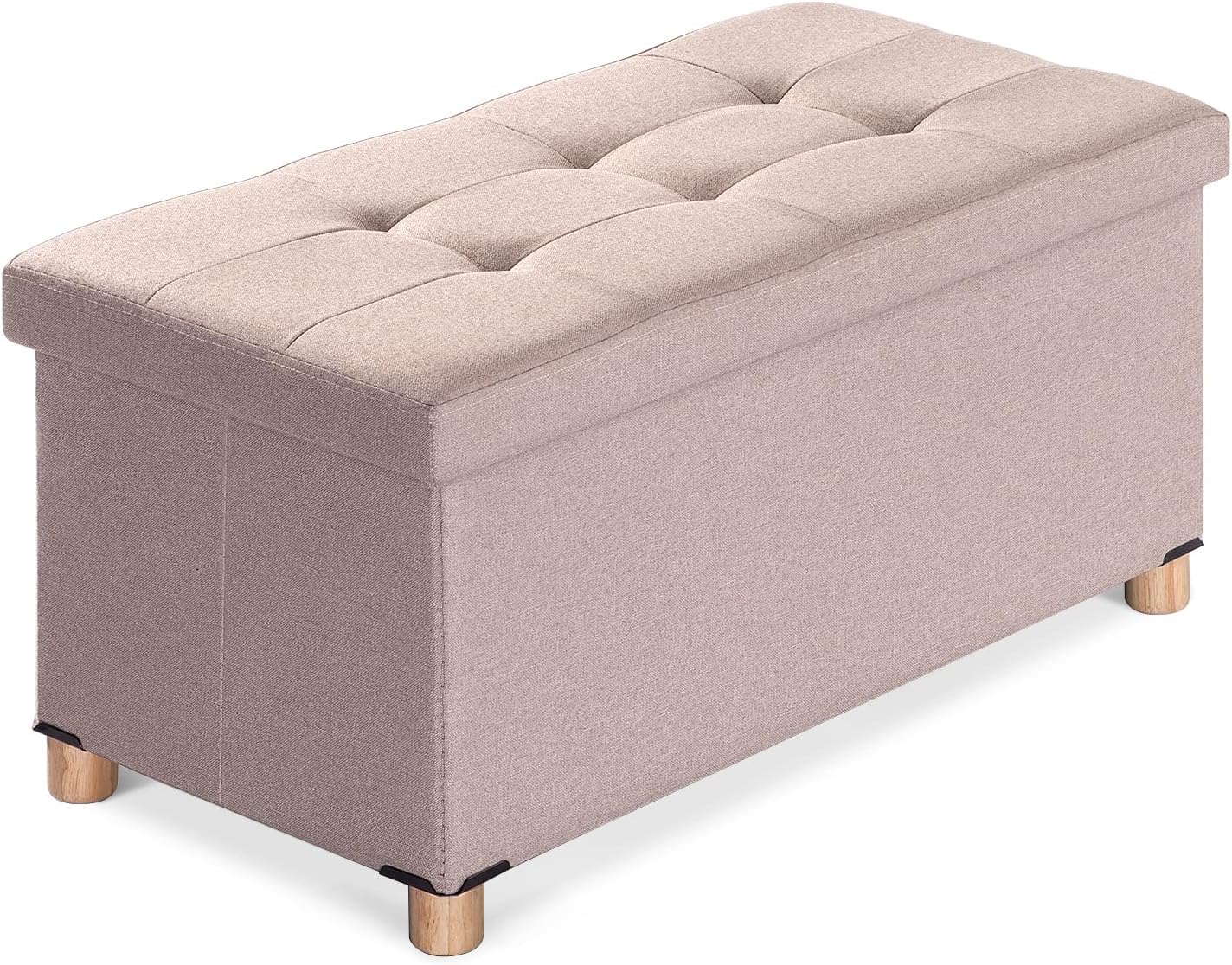 BRIAN & DANY 30 Folding Storage Ottoman Bench with Wooden Feet and Lid, Linen Fabric Bench with Resilient Sponge Padded for Bedroom, Living Room & Entryway, Foot Rest, Khaki