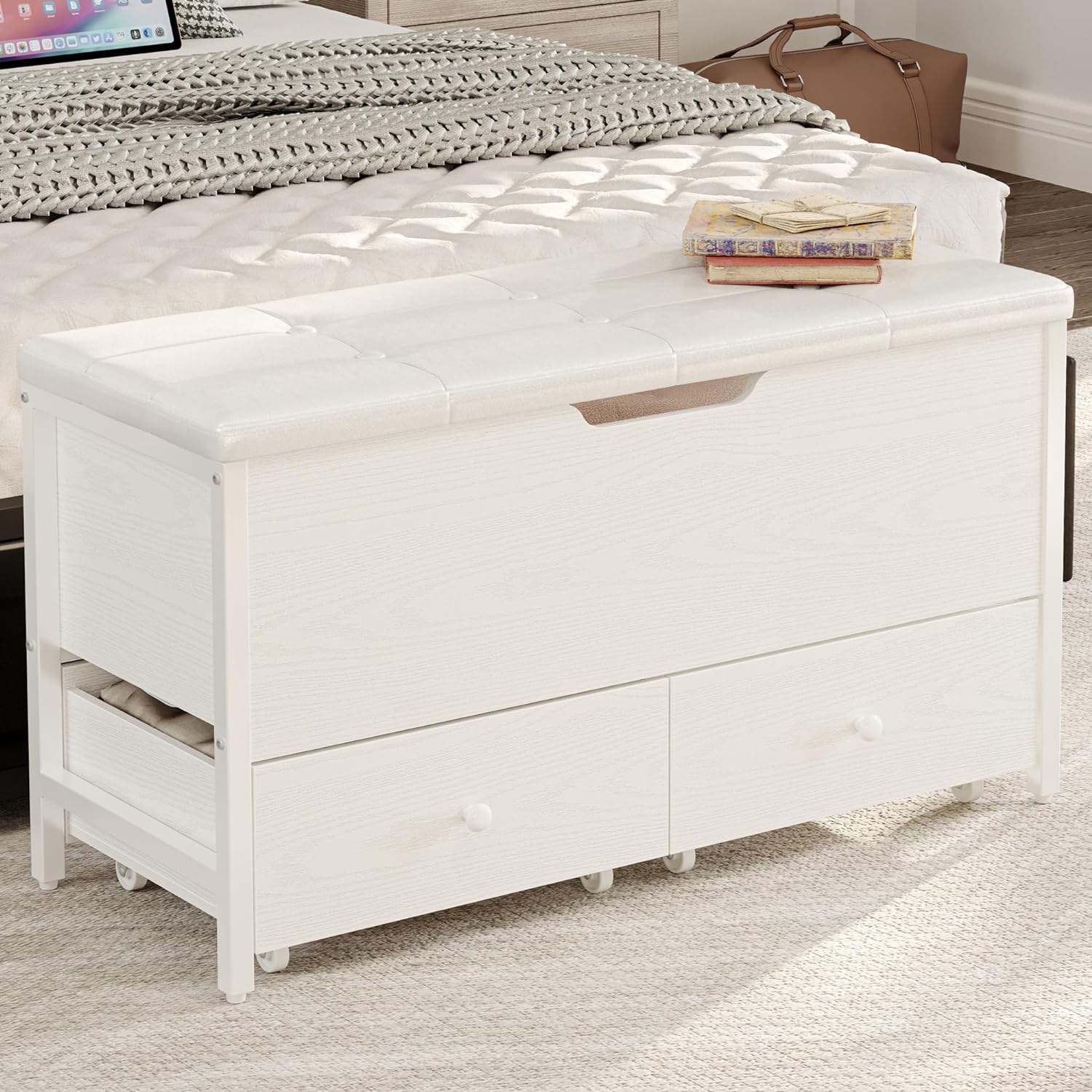 LIKIMIO Storage Ottoman Bench, Wooden Toy Box with Flip Top Storage Chest and Drawers for Bedroom/Living Room/Entryway, Supports 320 lb, Vintage White